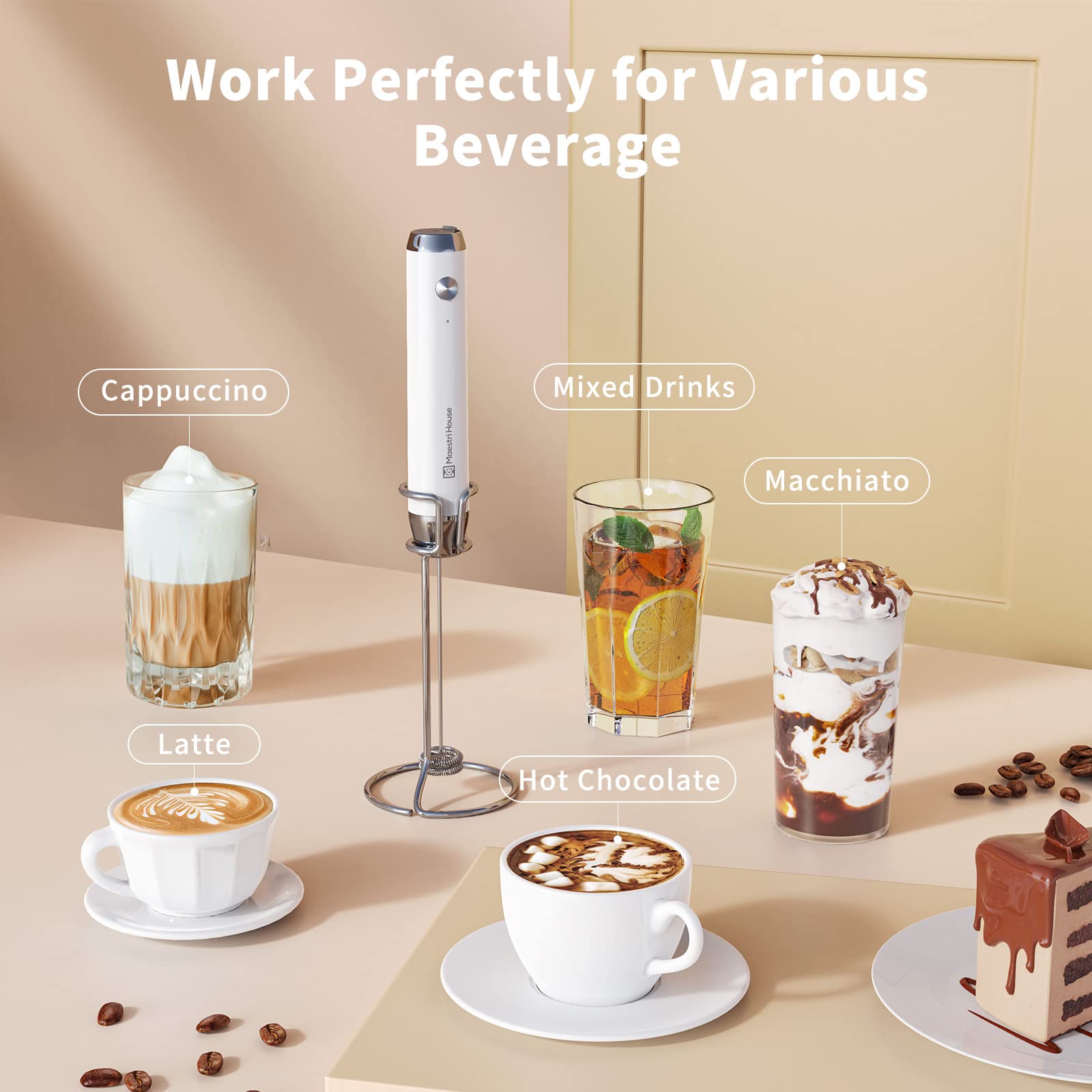 Maestri House Rechargeable Milk Frother With 3 Heads, Handheld Electric Foam Maker Waterproof Detachable Stainless Steel Whisk D