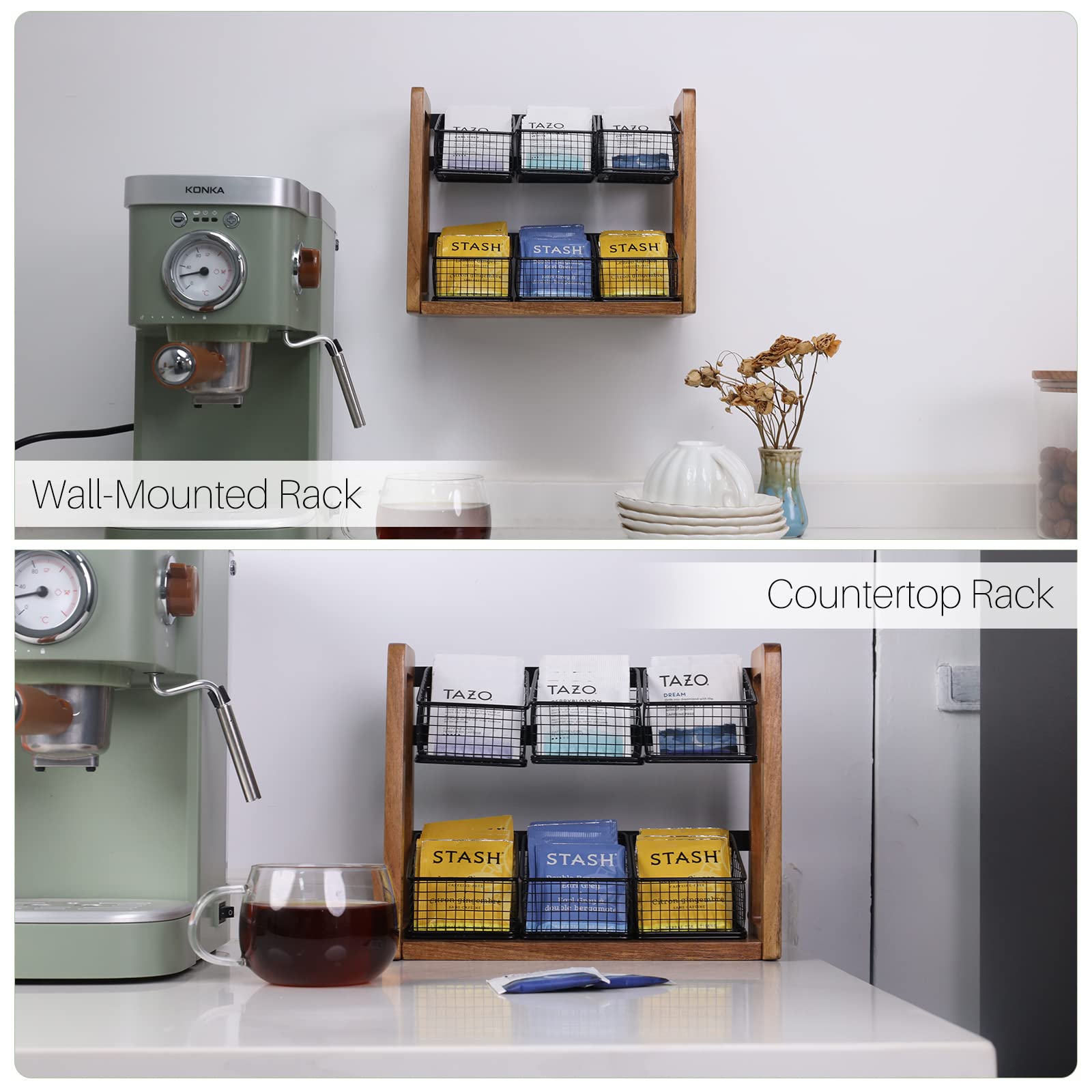 Htb 2 Tier Tea Organizer For Tea Bags, Tea Bag Holder With Acacia Wood Stand And 6 Removable Metal Basket For Sugar Packets, Swe