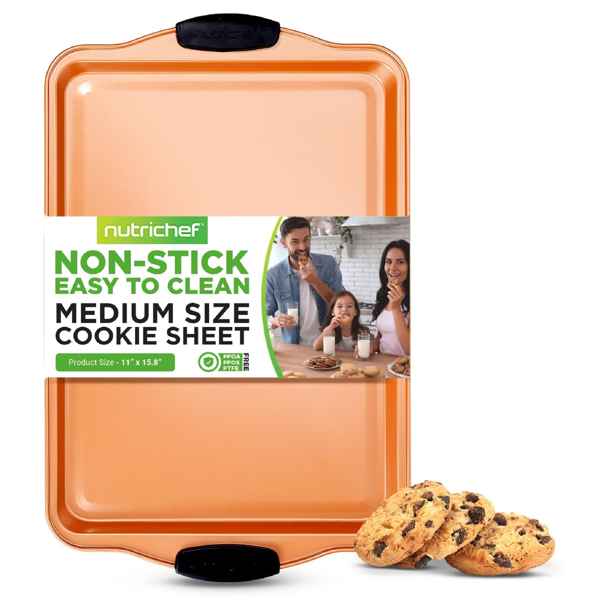 Nutrichef 15    Nonstick Cookie Sheet For Baking - Premium Grade Carbon Steel Non-Stick Baking & Roasting Pan W/ Silicone Handle