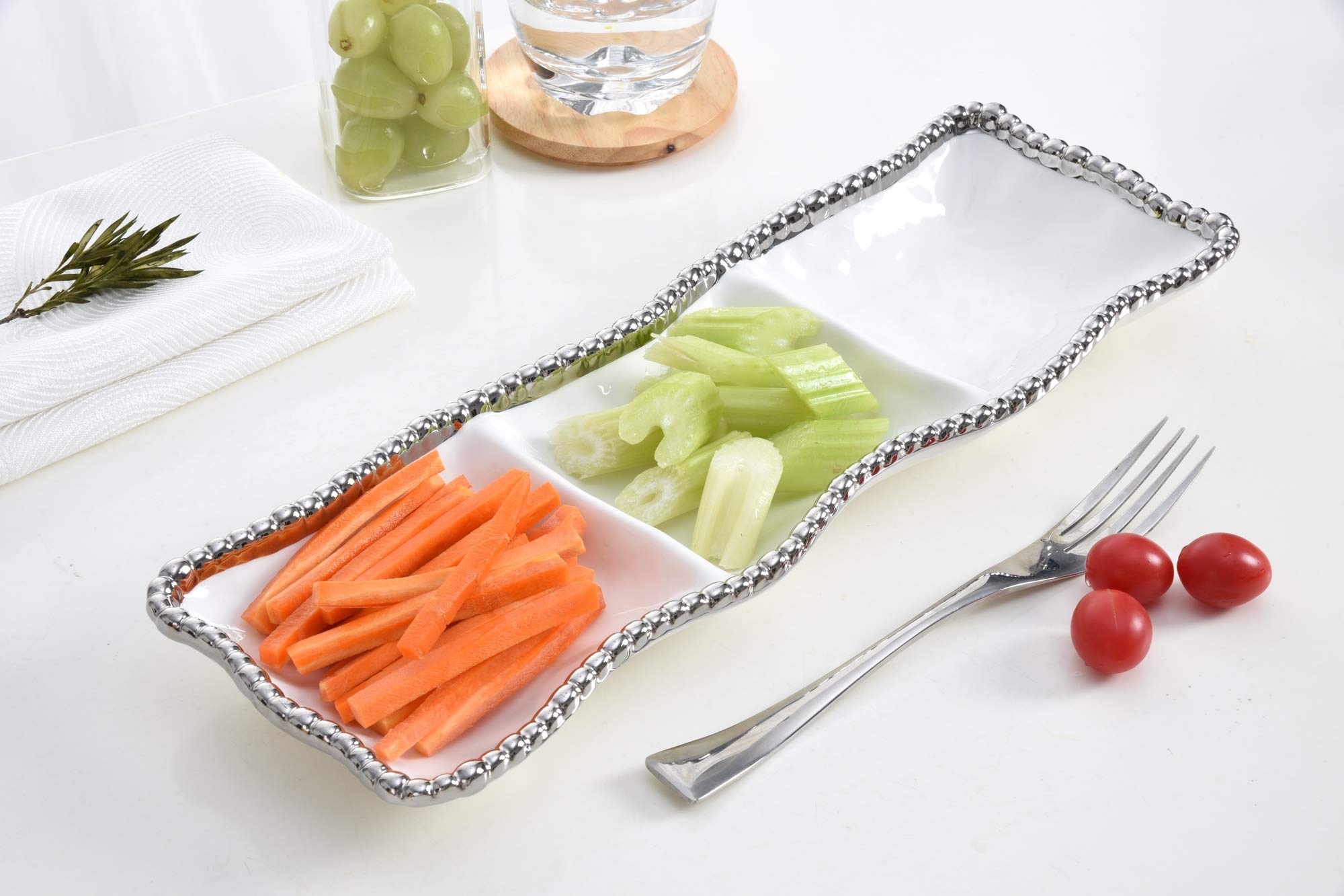 3-Section Serving Piece Porcelain With Silver Trim