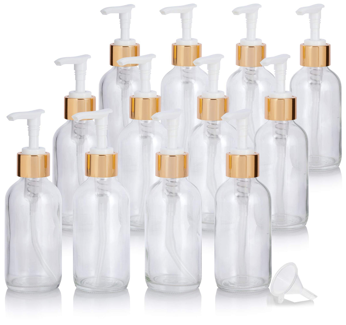 Juvitus 4 Oz Clear Boston Round Thick Plated Glass Bottle With Gold Lotion Pump (12 Pack) + Funnel - Perfect For Home Decor, Kit