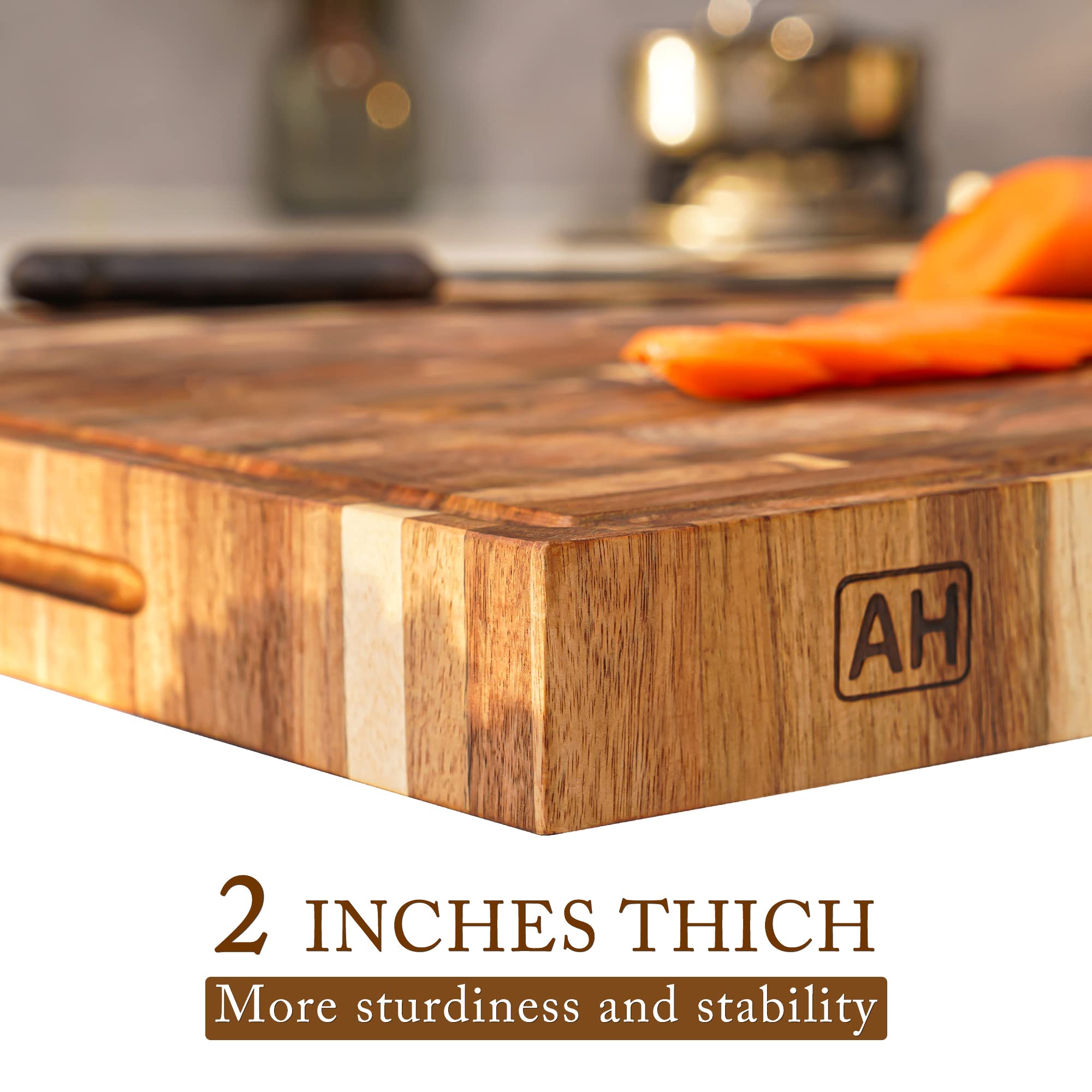 AZRHOM Thick End Grain Acacia Wood Cutting Board 24x18x2 In, Wooden Butcher Block, Chopping Board For Kitchen with Juice Groove