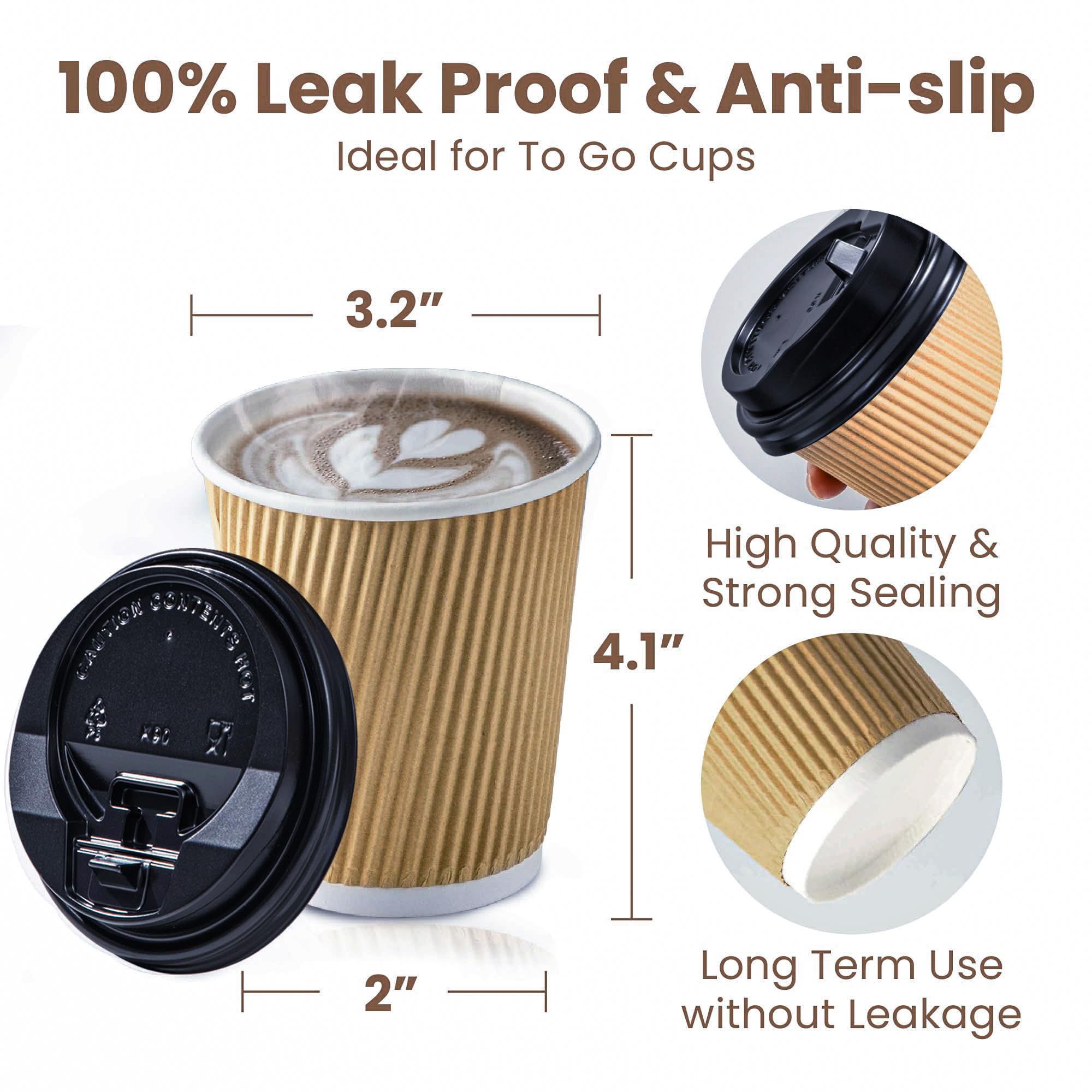 Fit Meal Prep [50 Pack] Disposable Hot Cups with Lids - 8 oz Brown Double Wall Insulated Ripple Sleeves Coffee Cups with Black Dome Lid - Kraft Paper Cup for To Go Chocolate  Tea  and Cocoa Drinks
