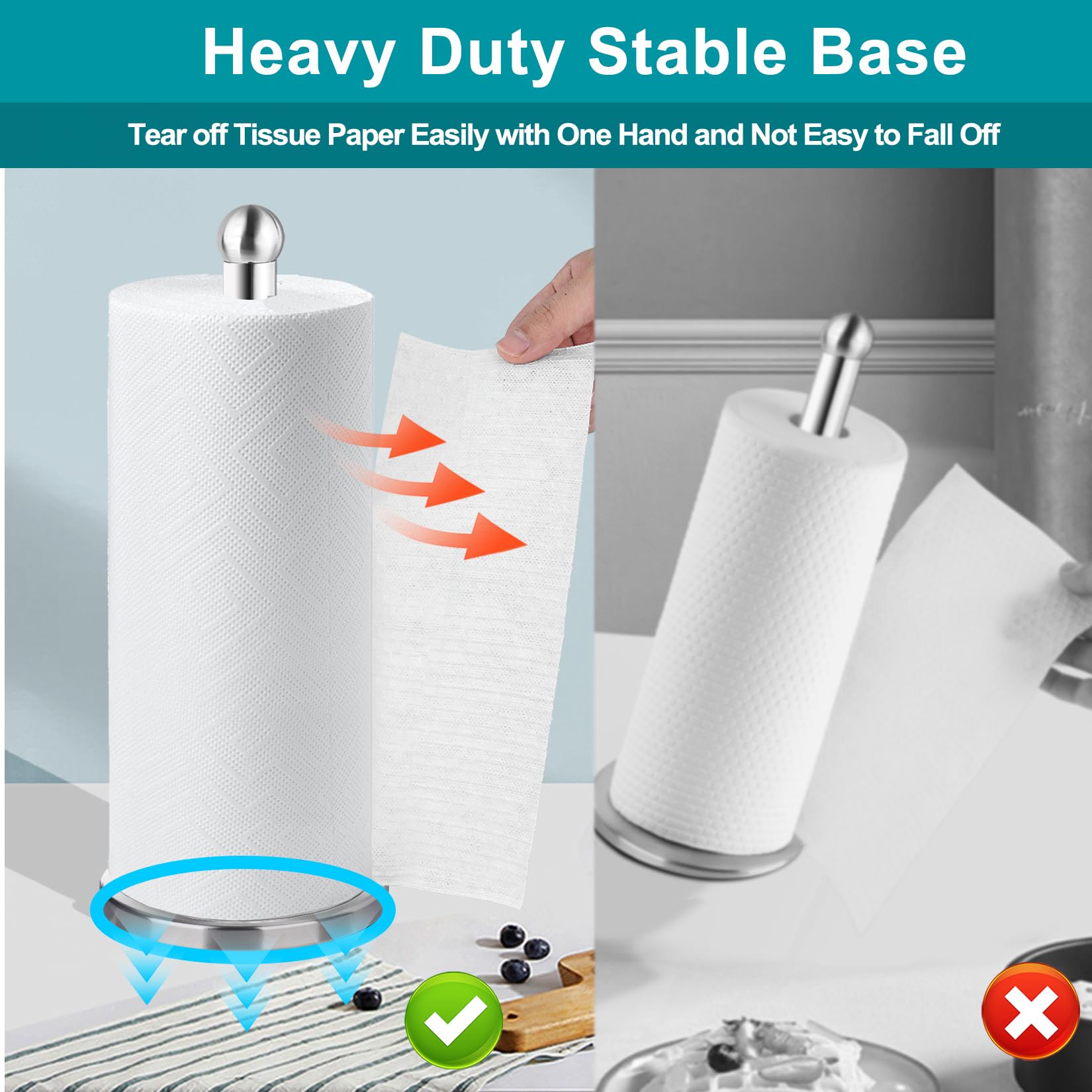 Dawner Paper Towel Holder Countertop, Freestanding Kitchen Paper Holder Stand, One-Handed Tear, Stainless Steel, Paper Towel Dis