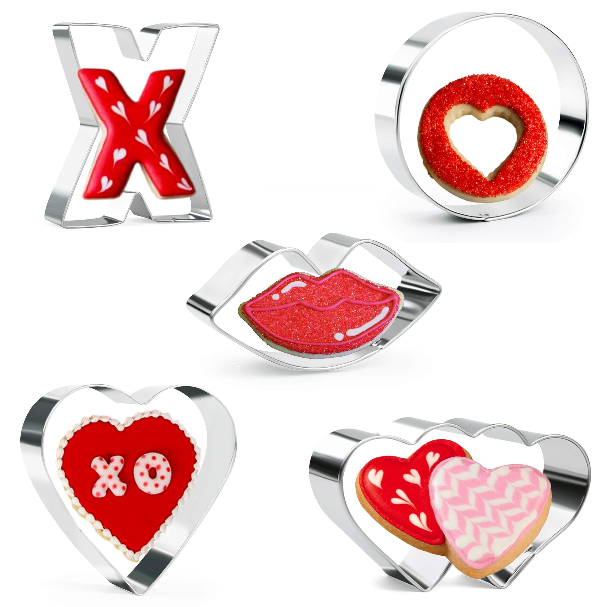 Kaishane Valentine'S Day Cookie Cutter Set-Lips, Double Heart, Heart, Letter X,Letter O-5 Pieces Wedding Valentine Day Fondant P