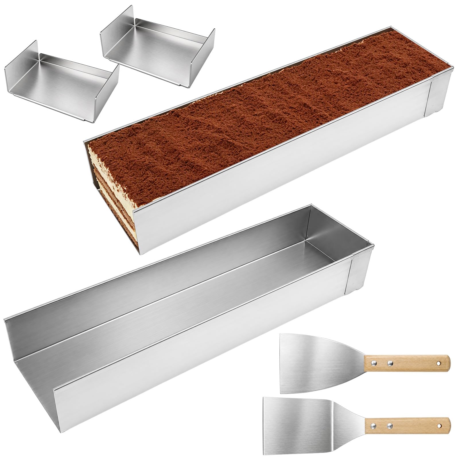 2 Pack Tiramisu Mold, 15.7 x 3.9 x 2.4 in Rectangle Cake Pan with Removable Side Panel, Stainless Steel Cheesecake Mold with 2 M