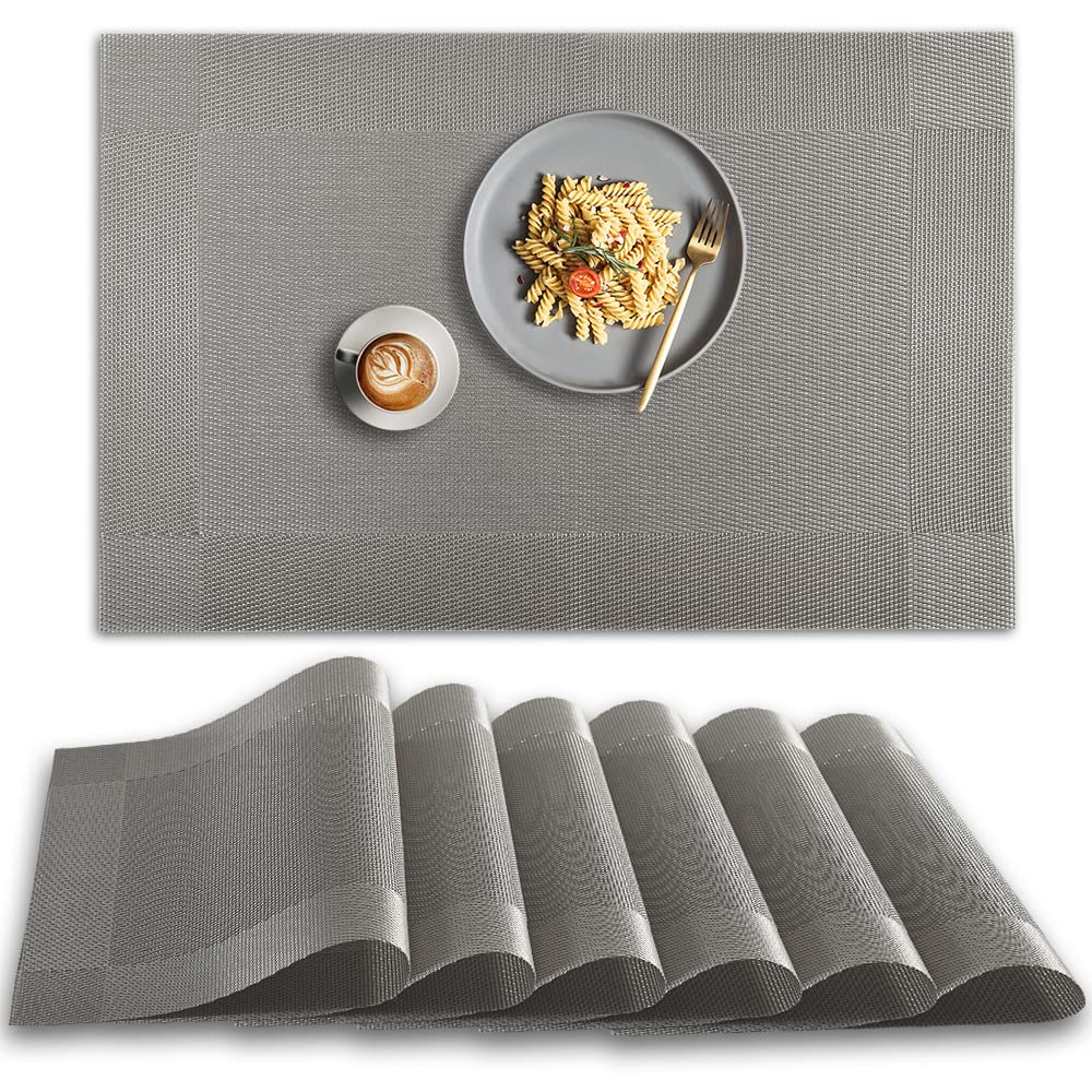 Homedge Placemat, 6 Pcs Of Non-Slip Heat Resistant Pvc Place Mats, Washable Vinyl Placemats - Silver/Gray