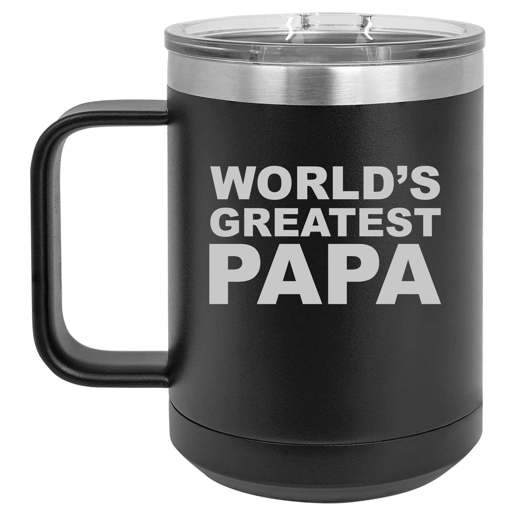 15 Oz Tumbler Coffee Mug Travel Cup With Handle & Lid Vacuum Insulated Stainless Steel Worlds Greatest Papa (Black)