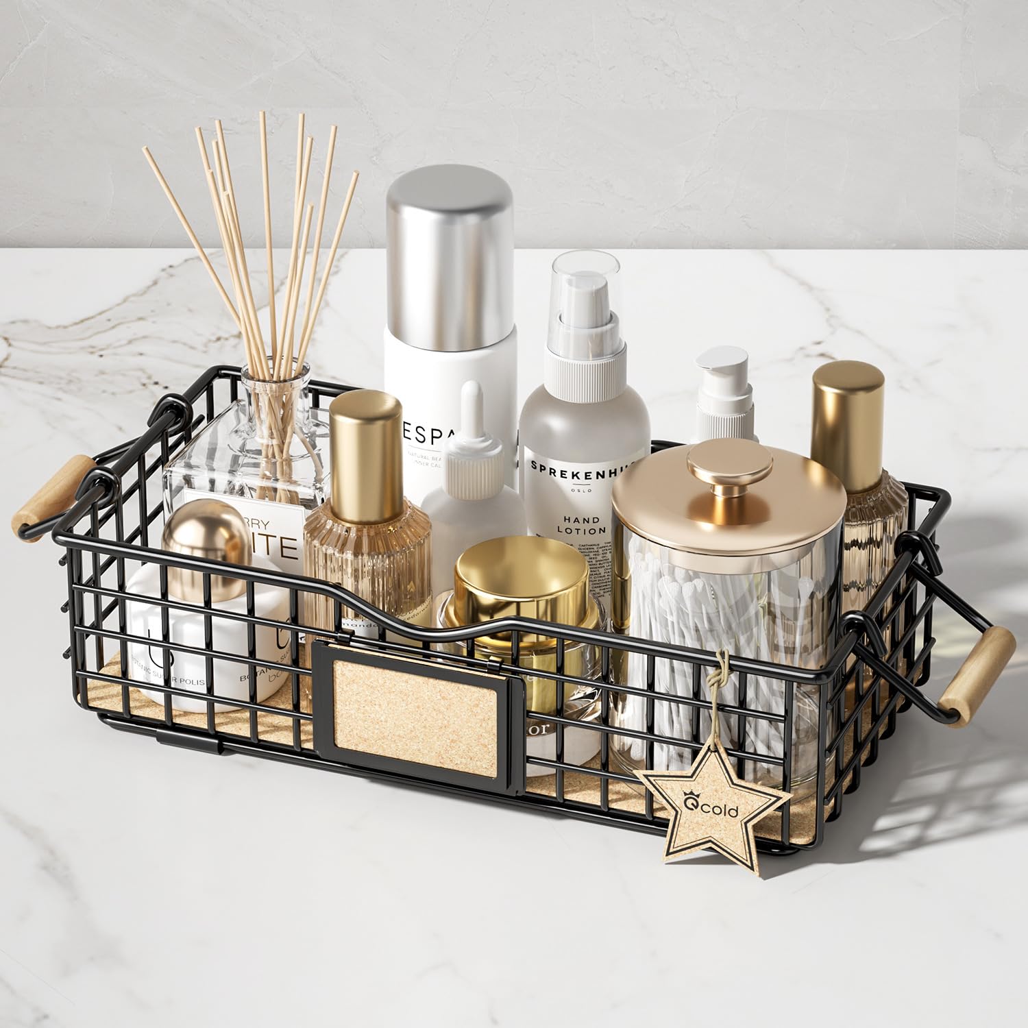 Qcold Metal Wire Basket Storage, Bathroom Basket For Organizing, Bathroom Counter Organizer With Wooden Handles, Farmhouse Bathr