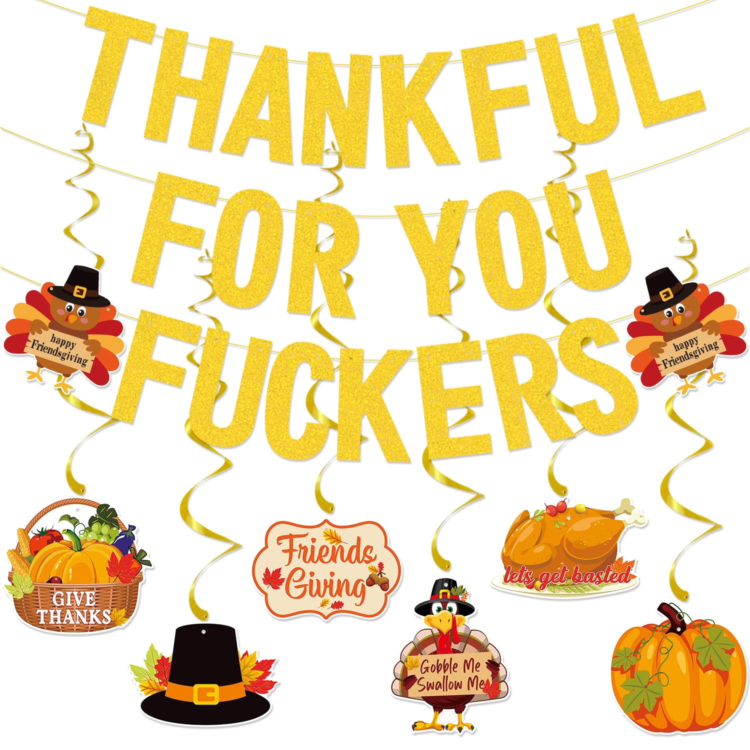 Thankful For You Banner,Gold Friendsgiving Decorations Banner With Hanging Swirls,Js2 Thanksgiving Party Decorations For Mantel