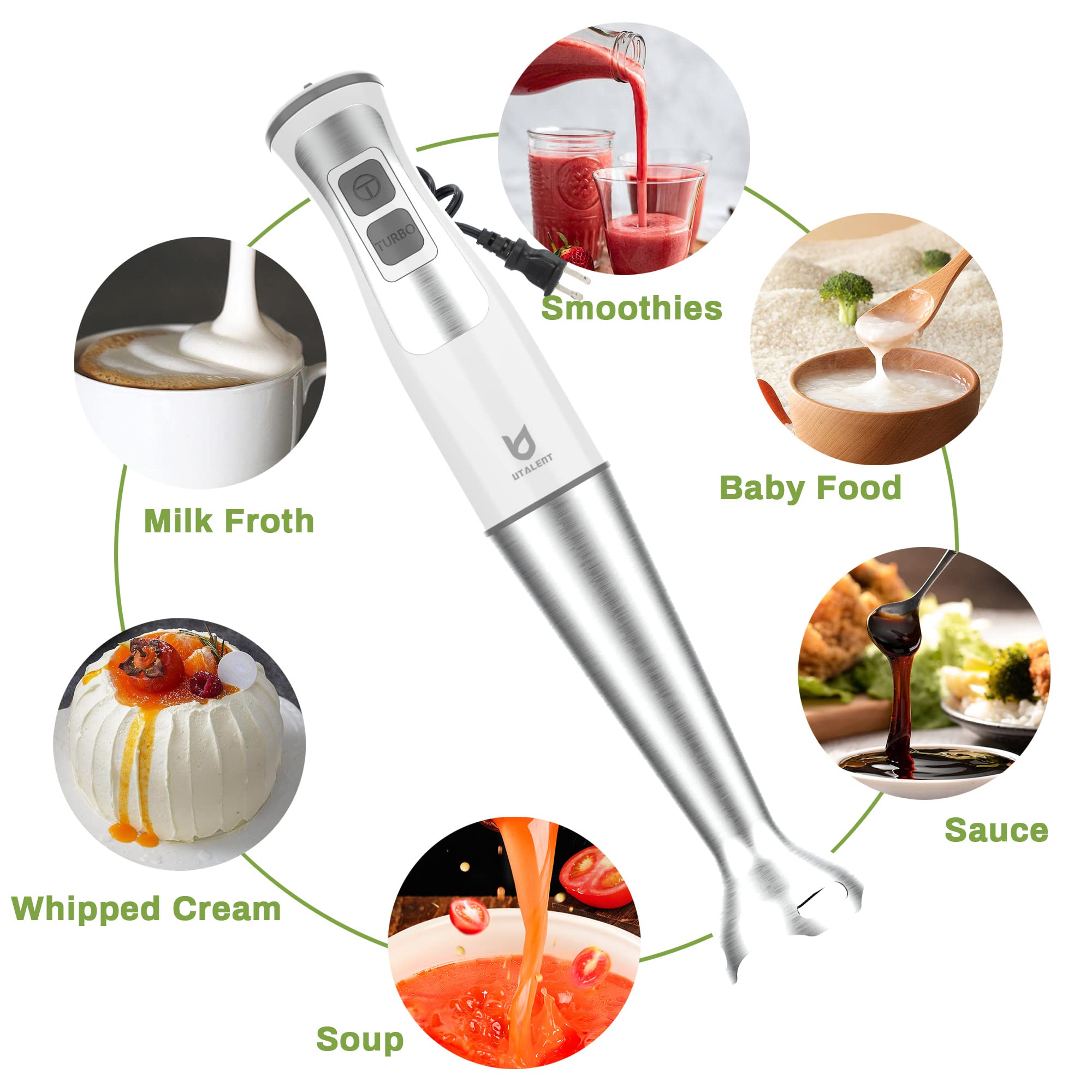 Immersion Hand Blender  UTALENT 3-in-1 8-Speed Stick Blender with Milk Frother  Egg Whisk for Smoothies  Coffee Milk Foam  Puree Baby Food  Sauces and Soups - White