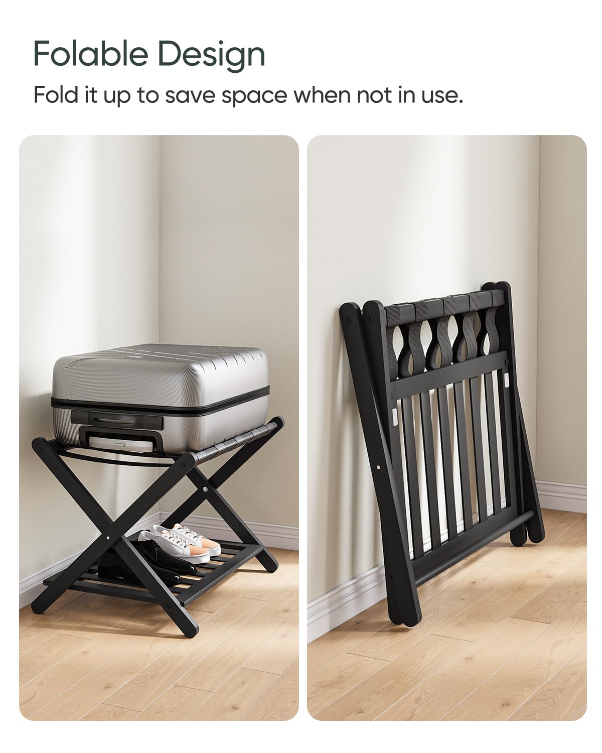 Smart Fendee 2 Pack Fully Assembled Black Bamboo Luggage Racks With Shoe Shelf, 5 Straps Folding Suitcase Stand, Heavy Duty Lugg