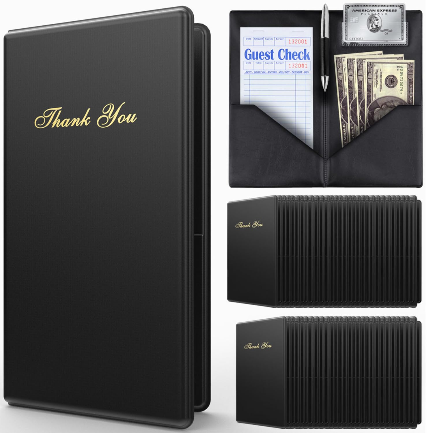 Budgetizer Check Presenters For Restaurants - 60 Pack Guest Check Card Holder- Black With Gold Thank You Imprint- Bill Book Rest