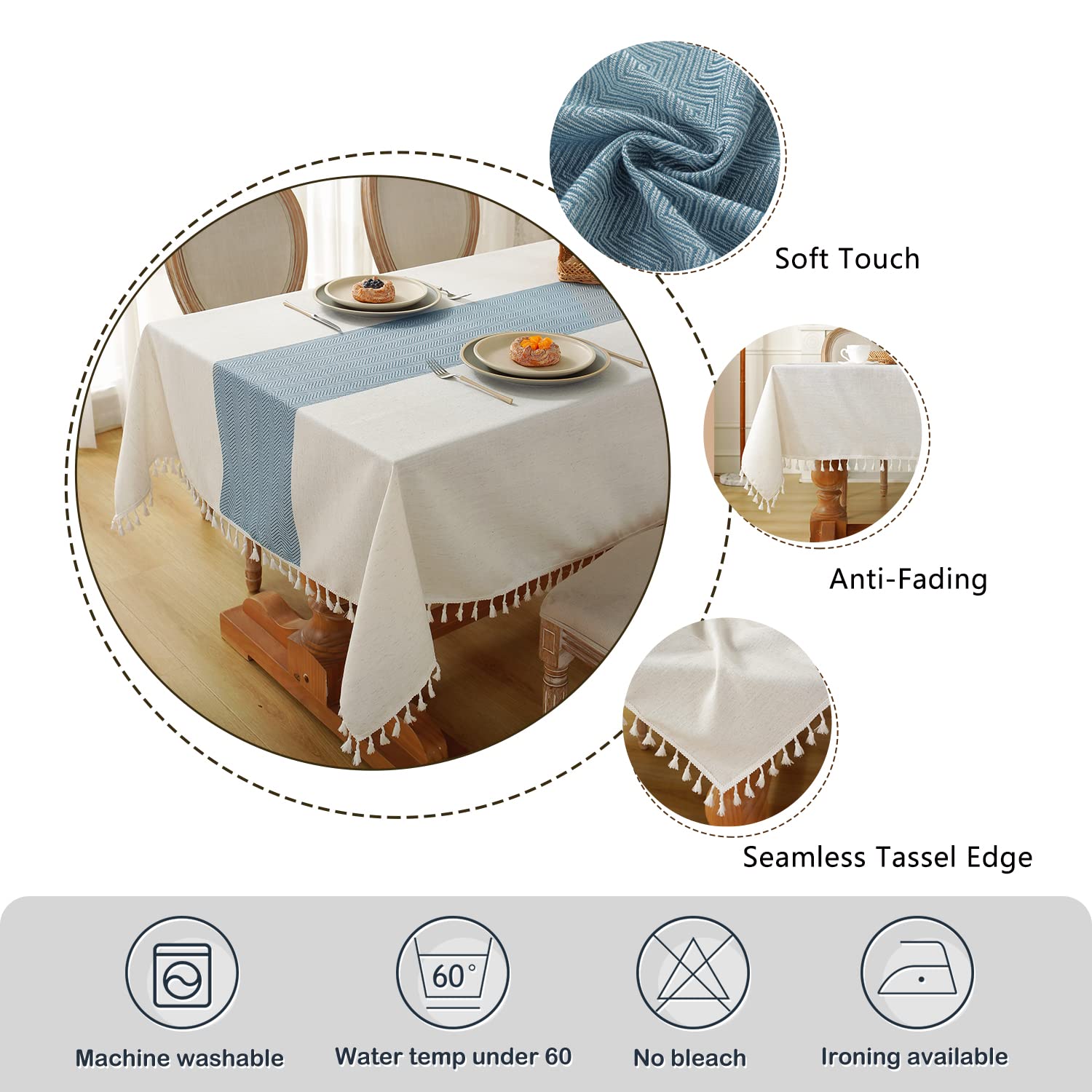 Laolitou Rustic Cotton Linen Table Cloth,Tablecloths For 6 Foot Rectangle Tables,Waterproof Washable Tablecloth With Tassel Rect