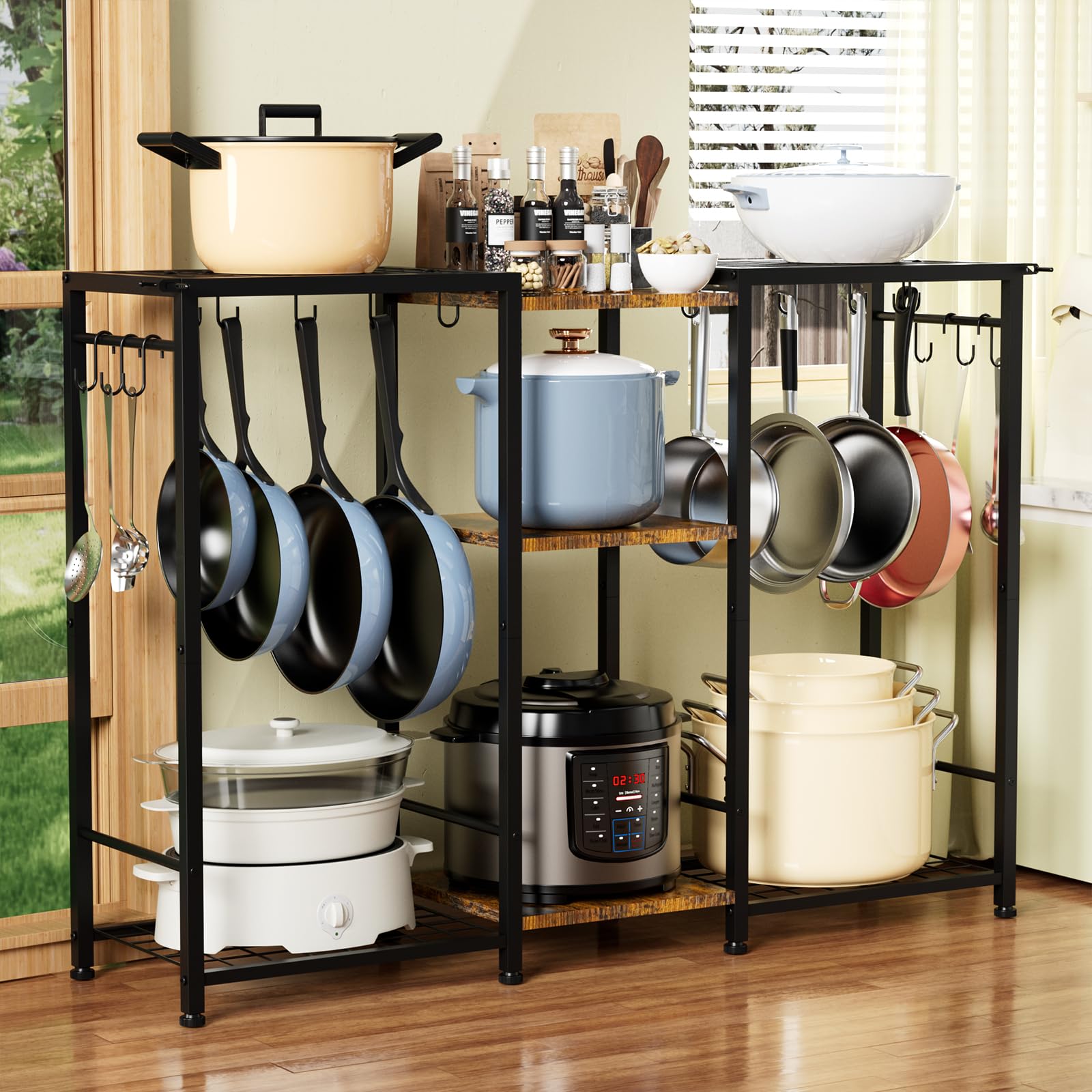OMISRUIS Pot Rack Expandable Pot and Pan Organizer Rack, Freestanding Kitchen Pot and Pan Rack Storage Stand, Vertical Pan & Li