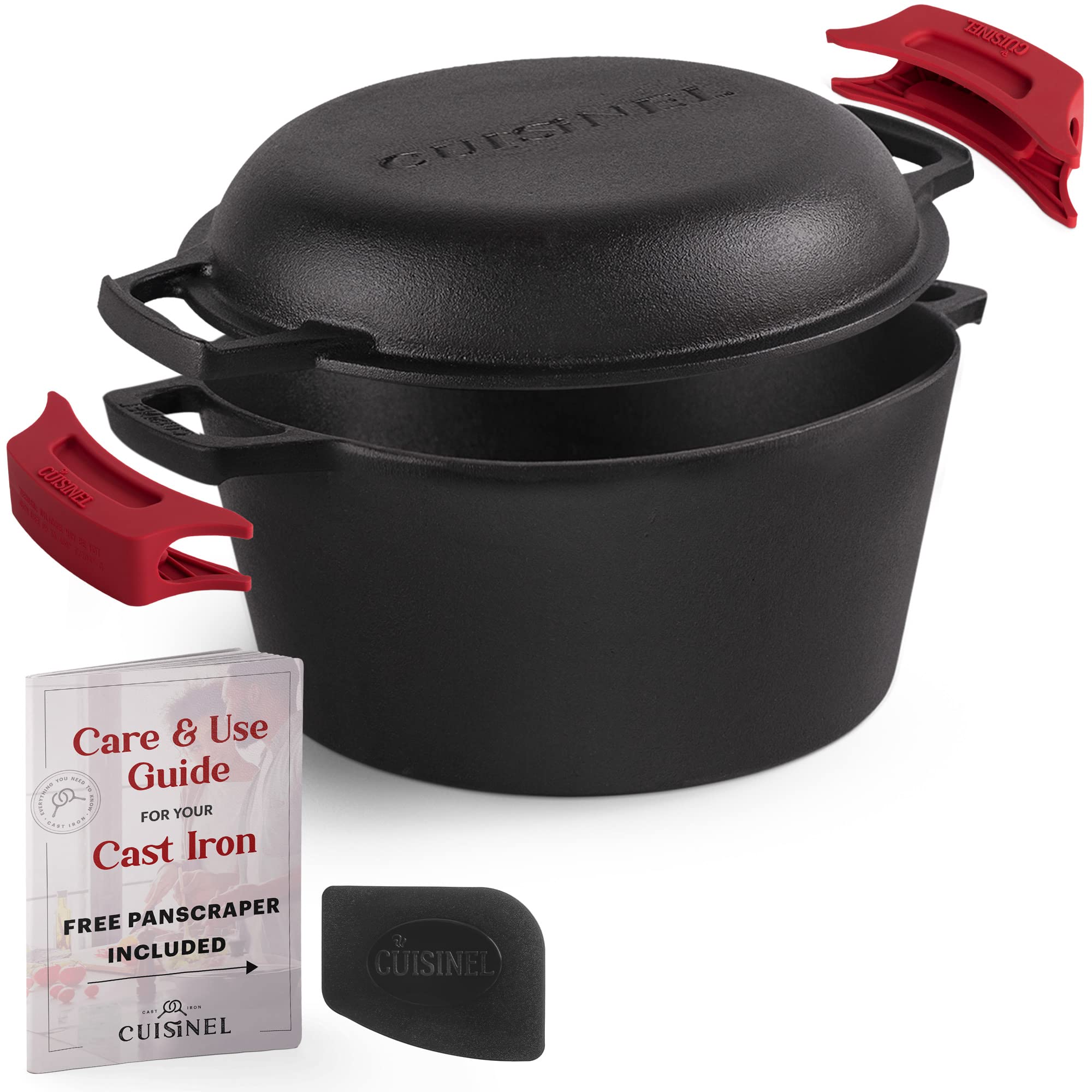Cuisinel Cast Iron Dutch Oven - 5-Quart Deep Pot - Preseasoned 2-In-1 Multi-Cooker - Combo Lid Doubles As 10-Inch Skillet Fryi