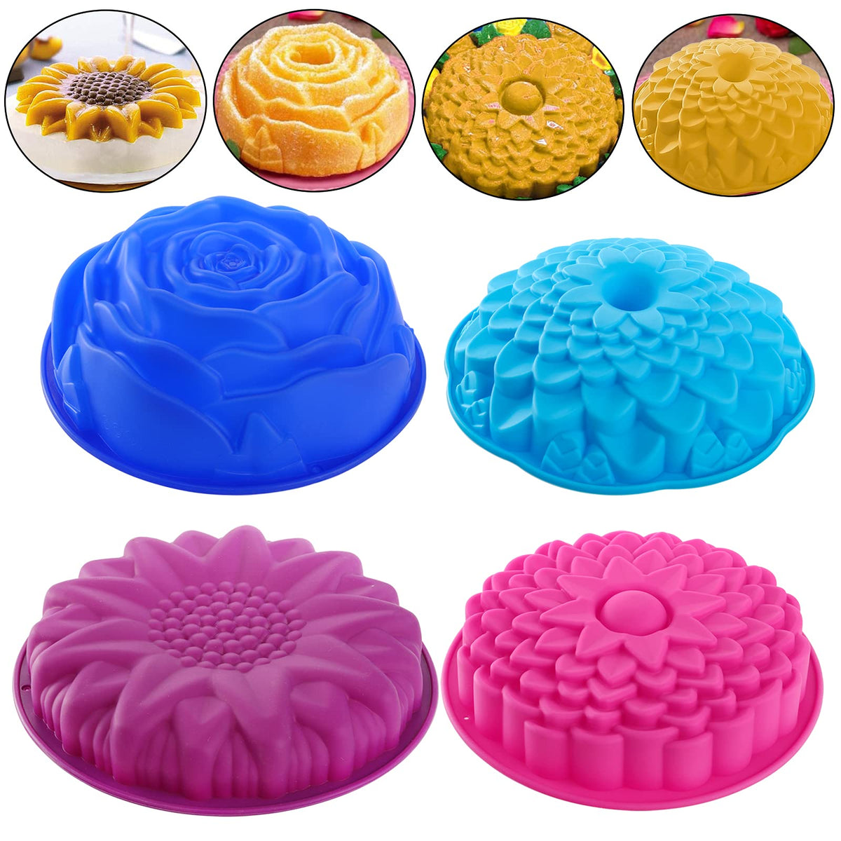 Deayou 4 Pack Flower Silicone Cake Molds, Pie Flan Tart Baking Pan, Silicone Baking Tray For Brownie, Diy, Anniversary, Birthday