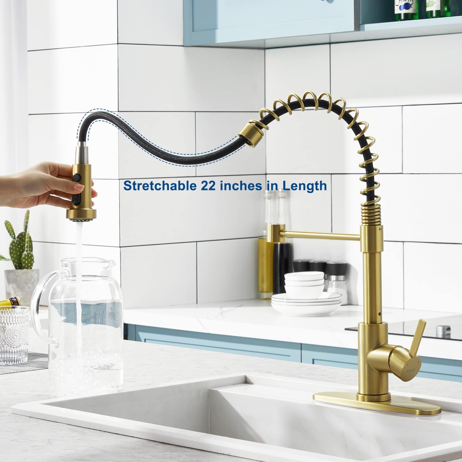 Guukar Gold Kitchen Faucet With Pull Down Sprayer, Single Handle Brushed Gold Faucet For Kitchen Sink, Commercial Farmhouse Kitc