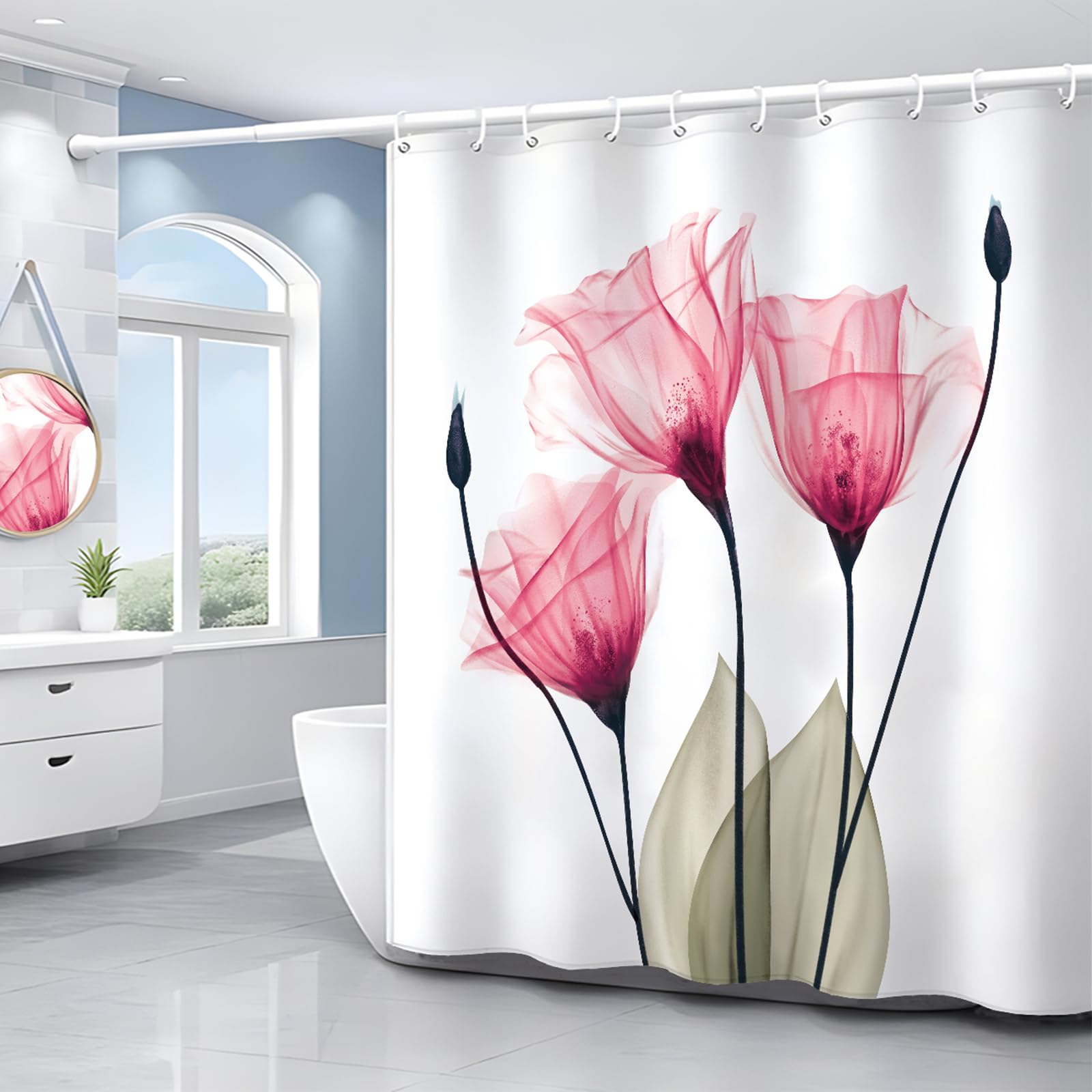Zchomi Pink Floral Shower Curtain Watercolor Tulip Flower Shower Curtain For Bathroom Waterproof Polyester Fabric Bathroom Curta