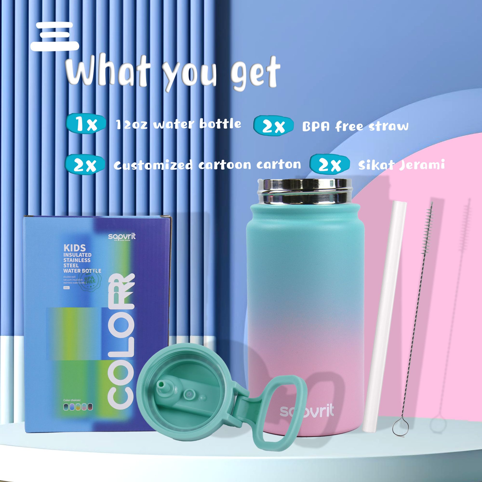 Water Bottle, 12oz Water Bottles with Straw and Stickers, Stainless Steel Vacuum Double Wall Insulated cup,Water Bottle for Scho