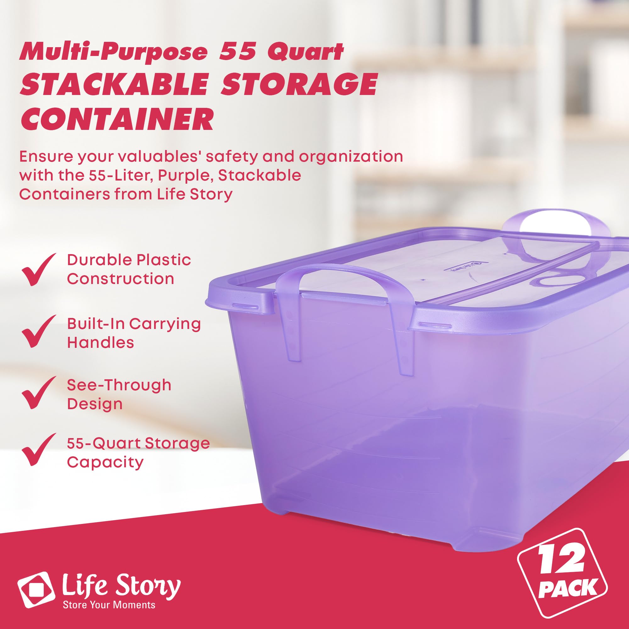 Life Story Stackable 55 Quart Plastic Storage Tote Home Or Office Large Organization Container Bins With Latching Lids And Handl