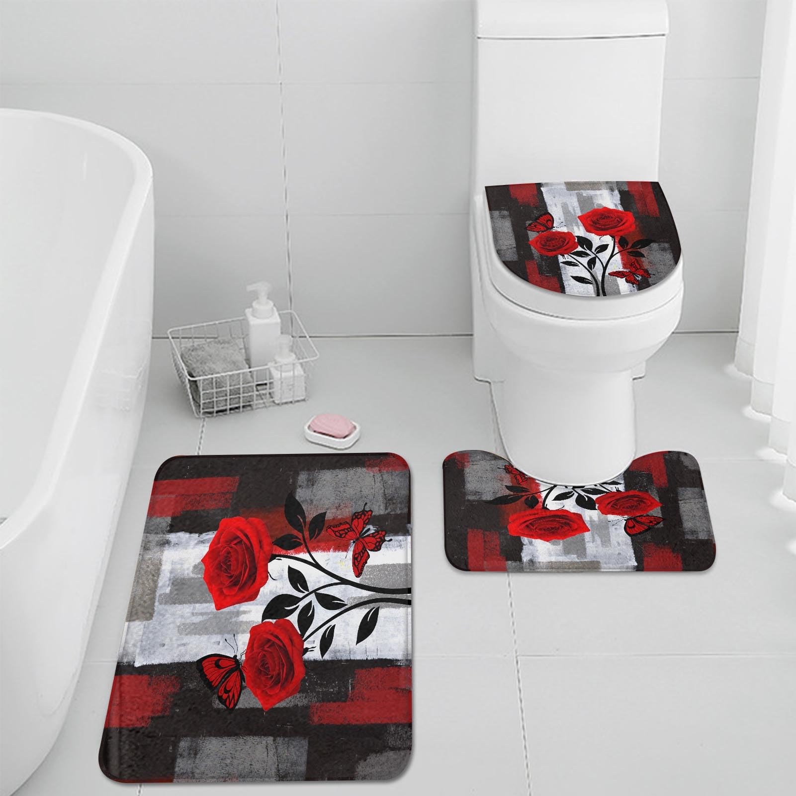 Pamnest Shower Curtain Set - Red Rose Waterproof Bathroom Decor, 72" x 72", Includes Rugs & Lid Cover, Model AZT10083144-YS4-JP