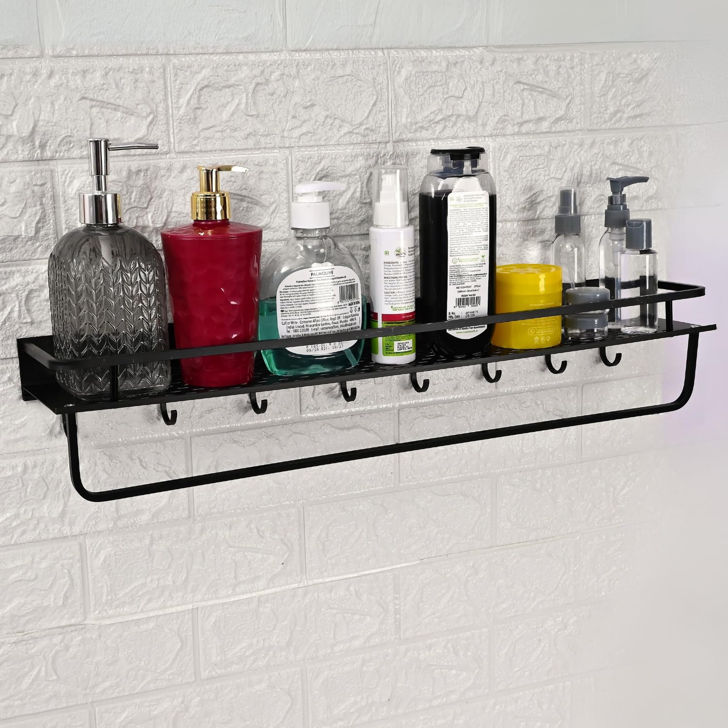 Boniry 60 Cm Multipurpose Aluminum Bathroom Shelf With Movable Hooks & Towel Bar | Wall Shelf Bathroom Rack Ideal For Metal Bath