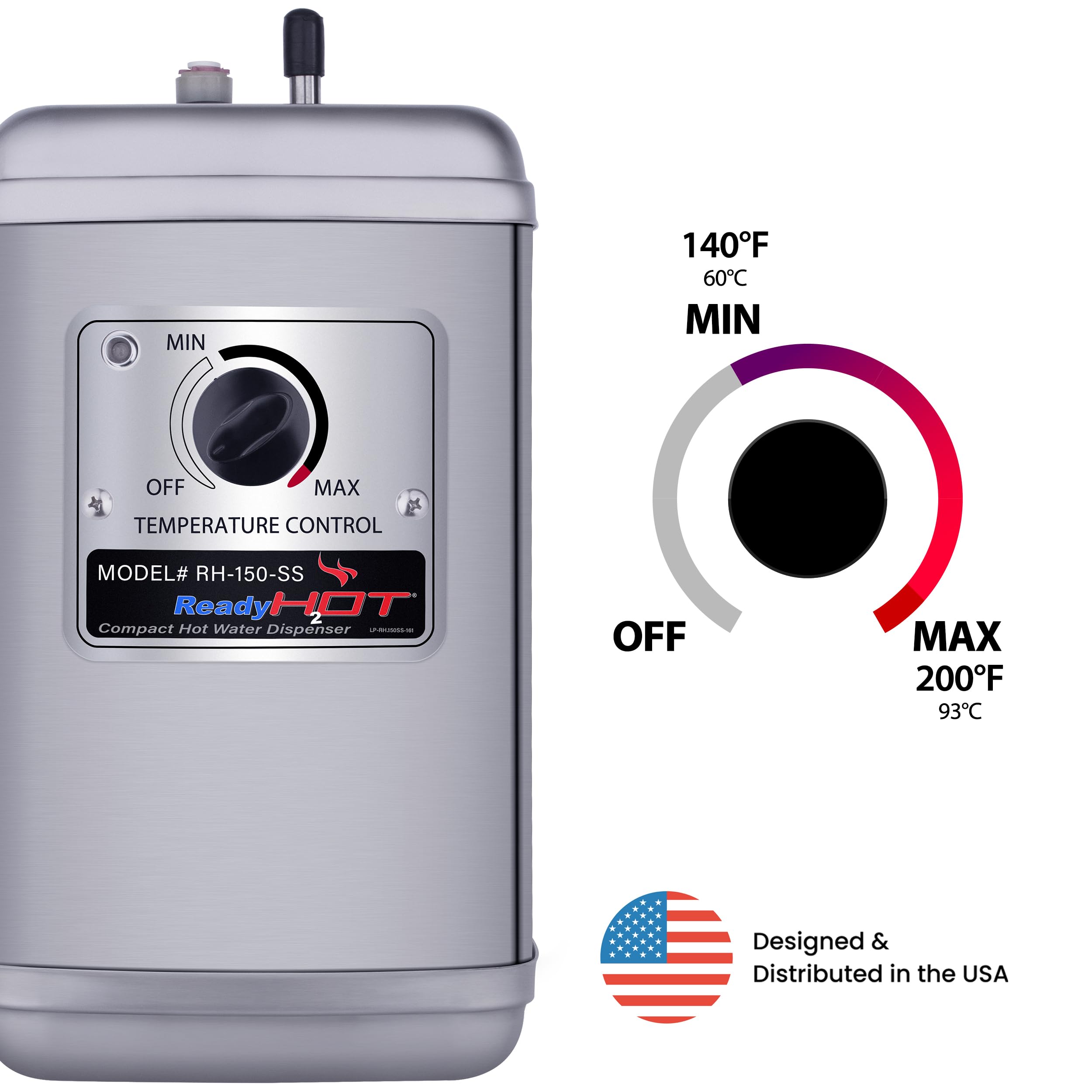 Ready Hot Compact Instant Hot Water Dispenser, Stainless Steel Tank, Wall Mounted, Adjustable Temperature Control, Includes Hot
