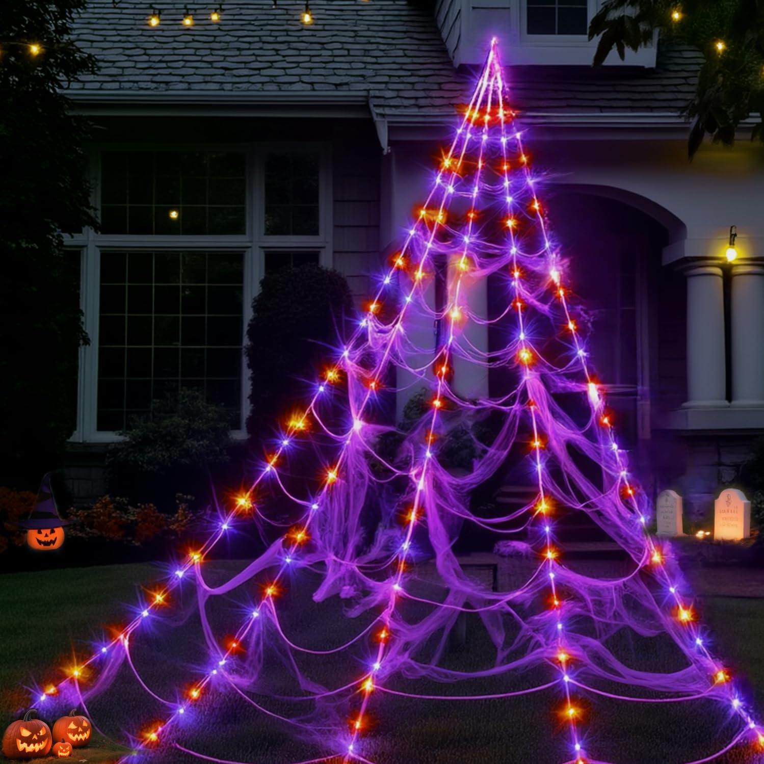 Spider Web Lights Halloween Decoration Outdoor - 250 Purple & Orange LED, 8 Lighting Modes, 16FT Giant Spider Web for Yard, Outs