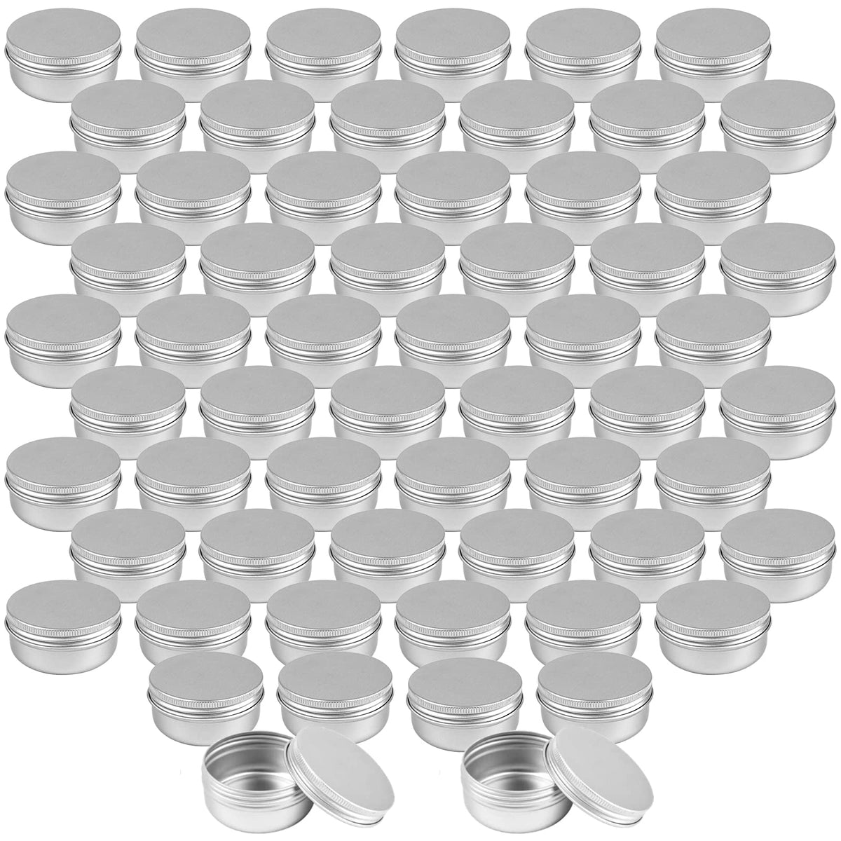 Foraineam 60 Pack 1.7 Oz / 50Ml Round Aluminum Lip Balm Tin Cans With Screw Top Lids - Silver Cosmetic Sample Containers - Metal