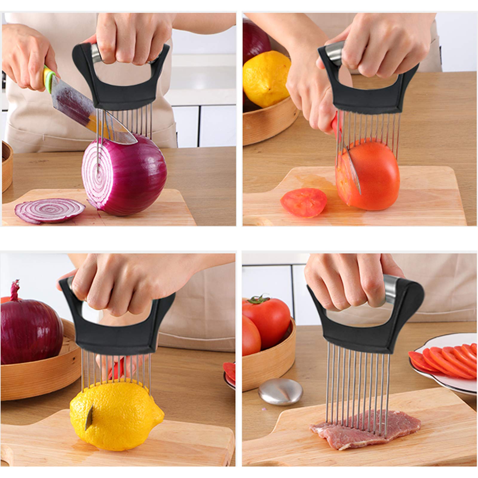 1Pcs Onion Holder Slicer, 2Pcs Finger Guard, Holder Slicer Vegetable For Onion, Tomato, Lemon, Meat, Onion Cutting Tool Stainles