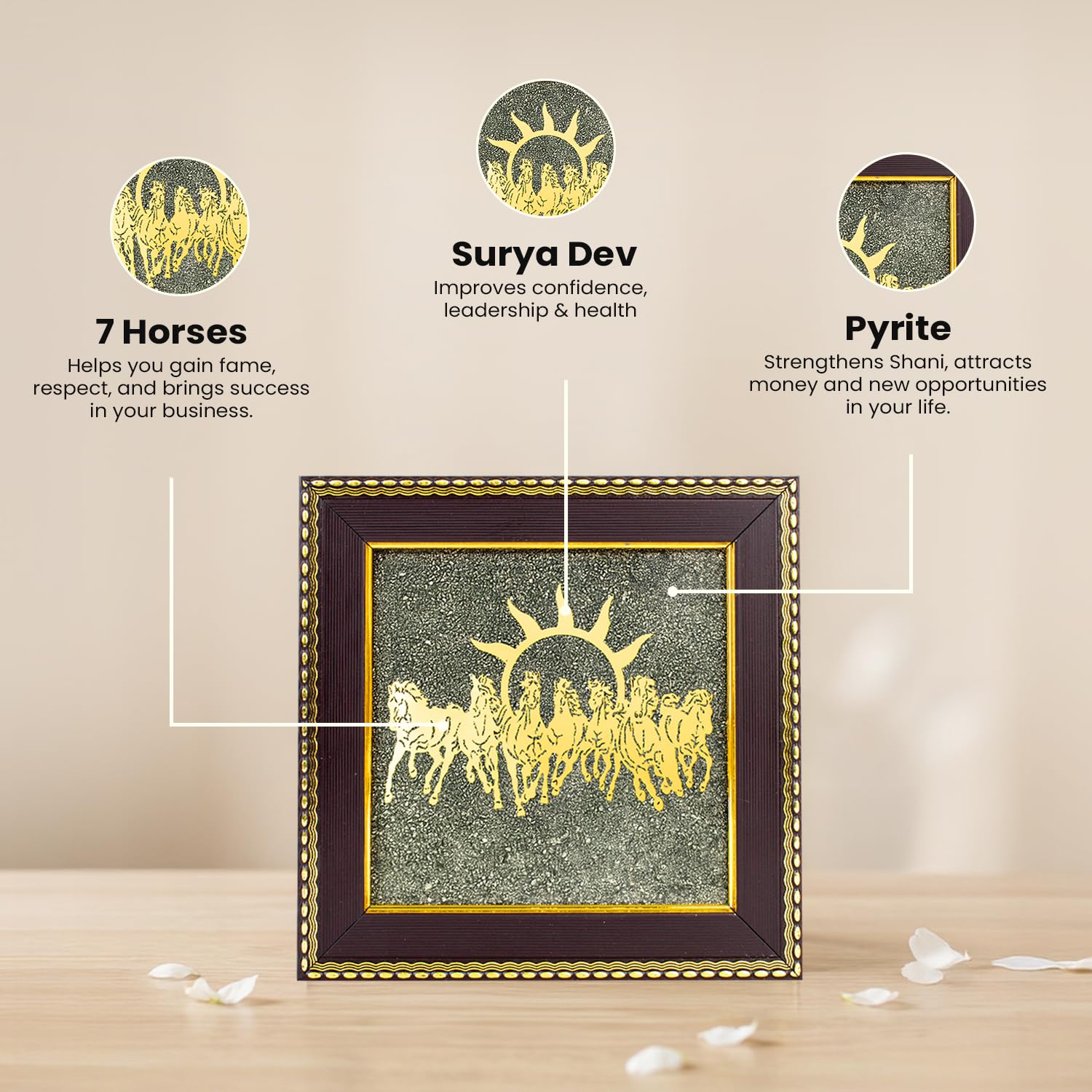 Astrotalk 7 Horses on Raw Pyrite Frame | Seven Horses Wall Decor Pyrite Stone Frame for Success & Fame | Vastu Items for Money Attraction | Wall Decor | Ideal Gift | 19x19x1 cm | 1 Piece