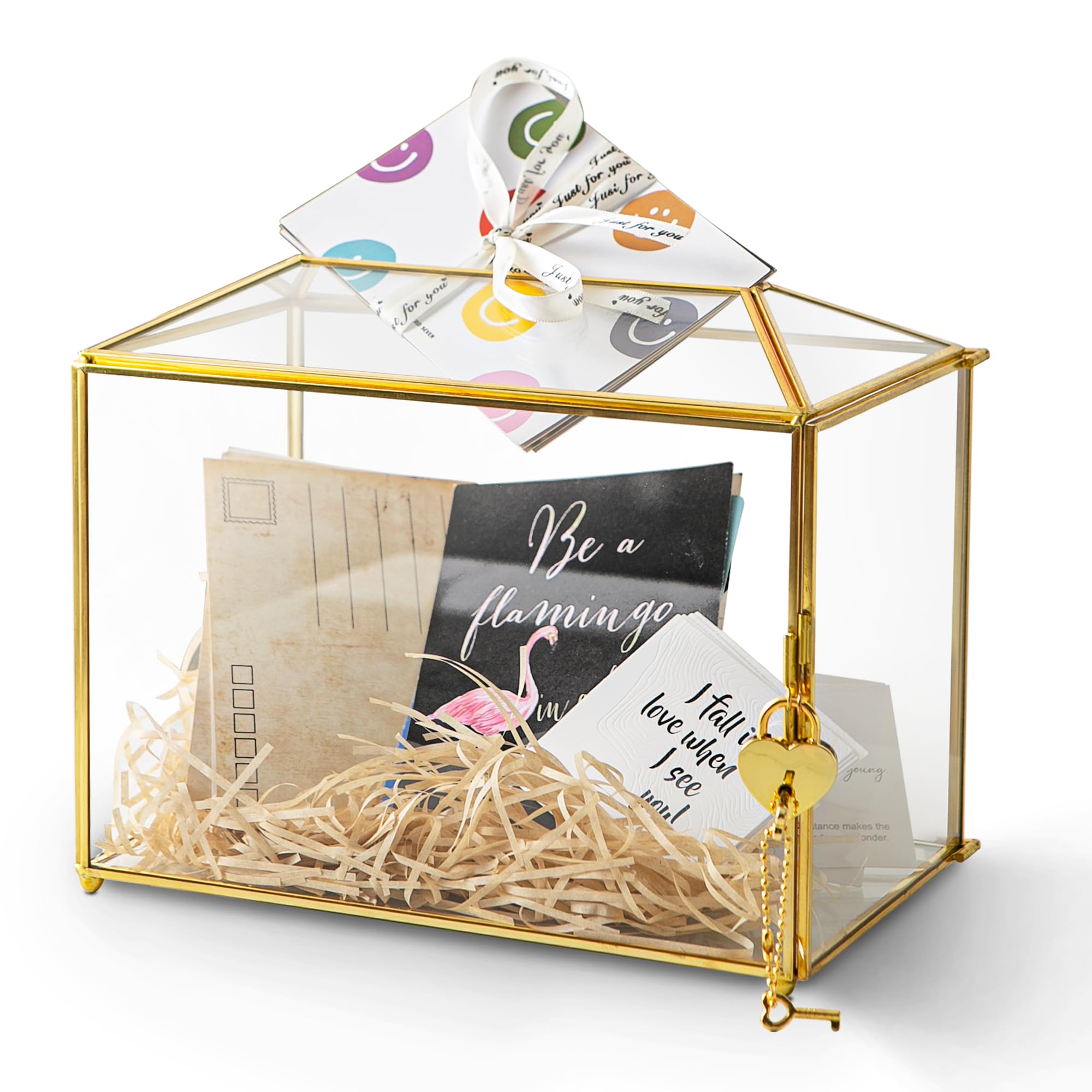 Sanllusit Small 10.2 x 6 x 8 Glass Cards Box with Slot and Lock for Wedding Reception - Home Birthdays Party Geometric Decorativ