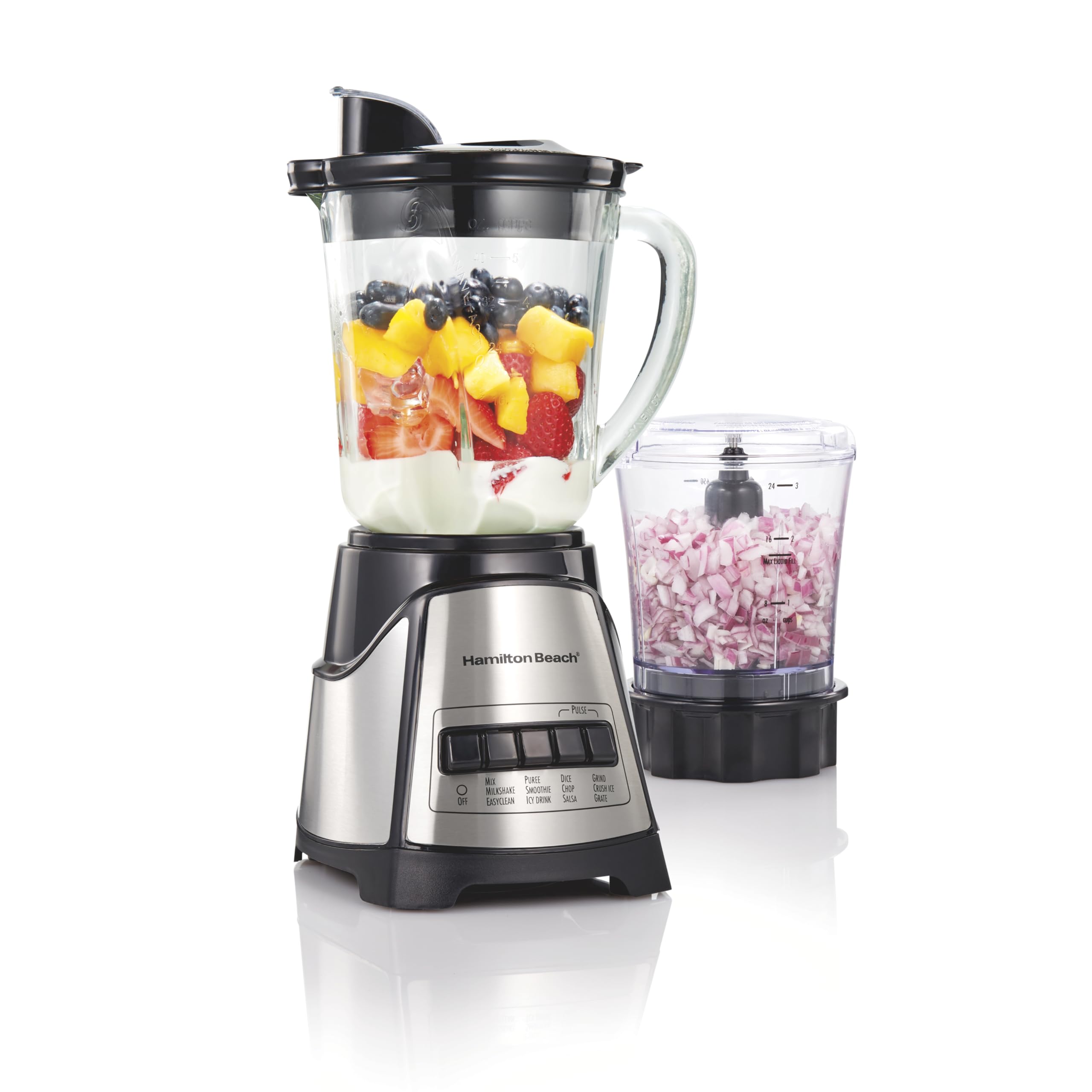 Hamilton Beach Power Elite Blender For Shakes And Smoothies With 3-Cup Vegetable Chopper Mini Food Processor, 40Oz Glass Jar, 12