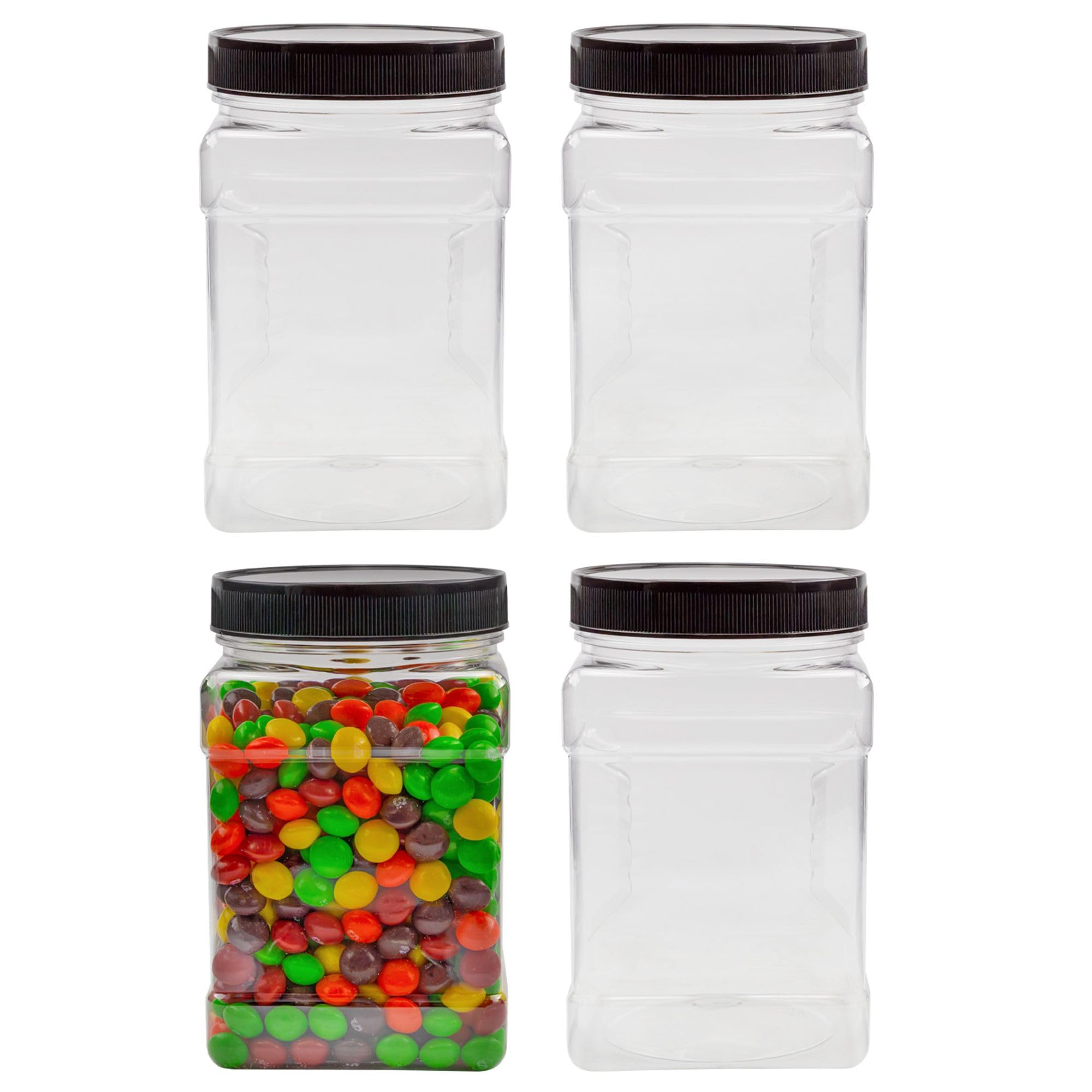 32oz Square Plastic Jars (4-Pack  Quart); Clear Rectangular 4-Cup Canisters w/Black Lids  Easy-Grip Side