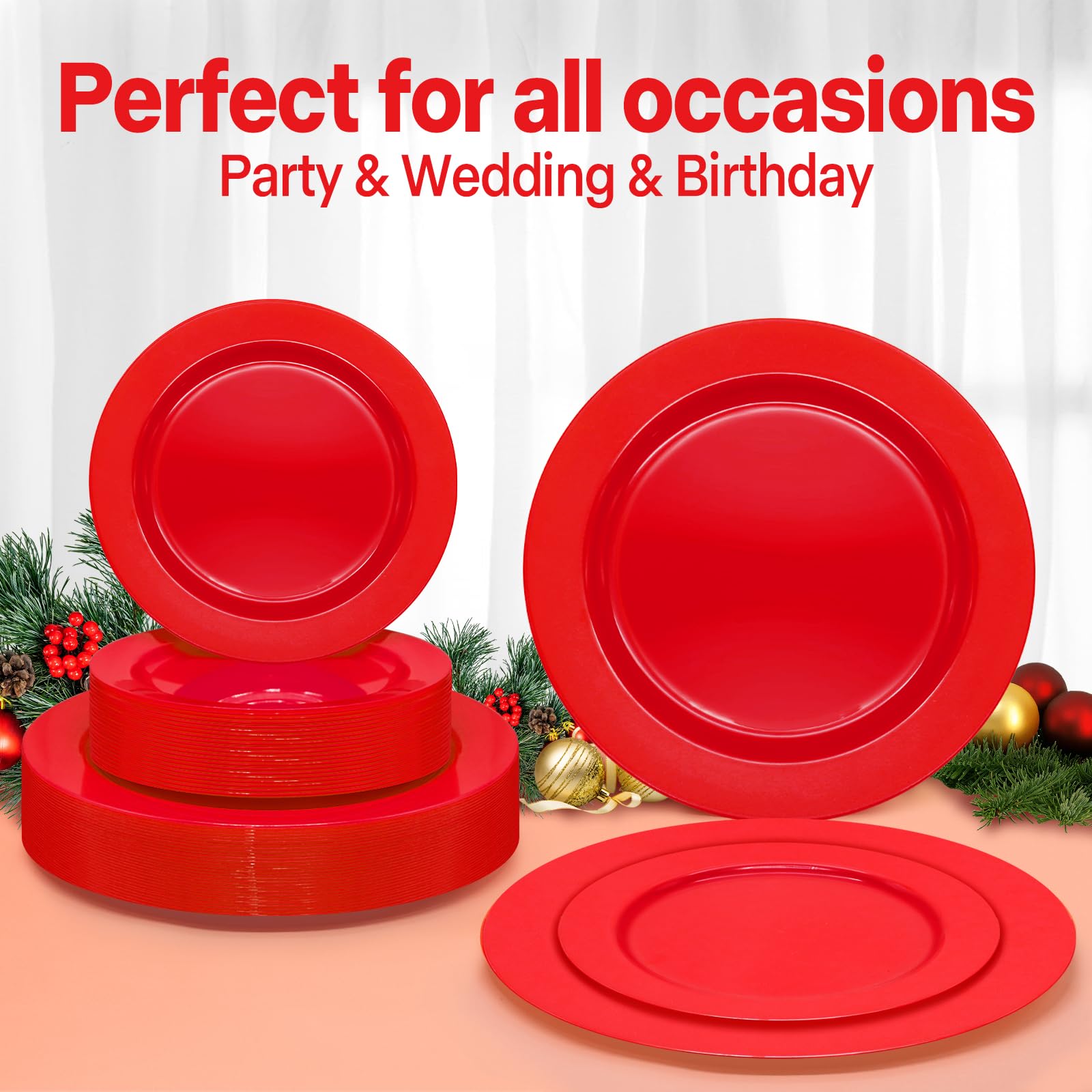 Joy Akkess 50Pcs Red Plastic Plates Disposable Plates Heavy Duty 25 Red Dinner Plates 10.25   , 25 Red Dessert Plates 7.5   , Re