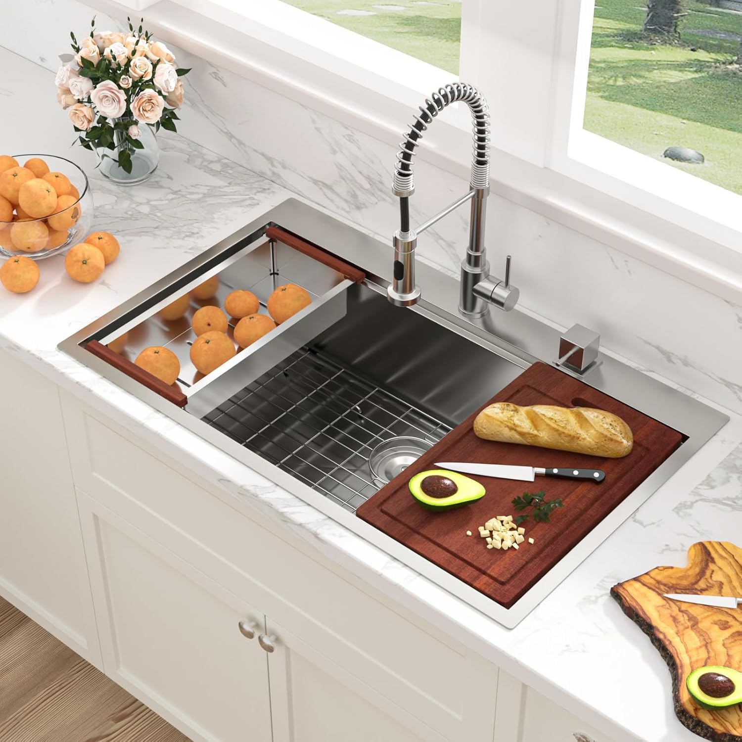 Sarlai 36 Drop In Kitchen Sink Workstation - 36X19 Kitchen Sink Drop In Stainless Steel Workstation Sink 16 Gauge Single Bowl De