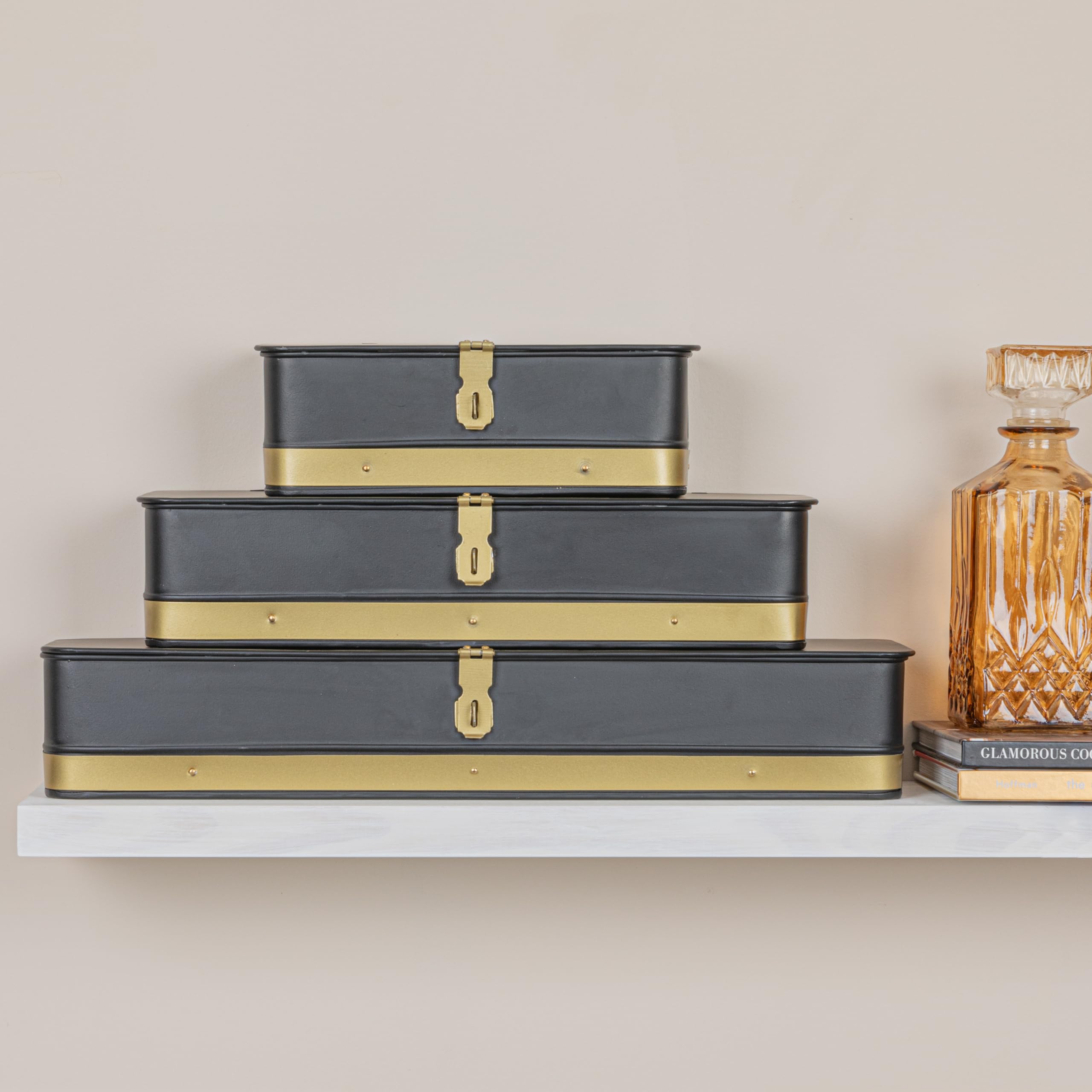 Creative Co-Op Decorative Metal Boxes with Lid, Black with Gold Band, Set of 3