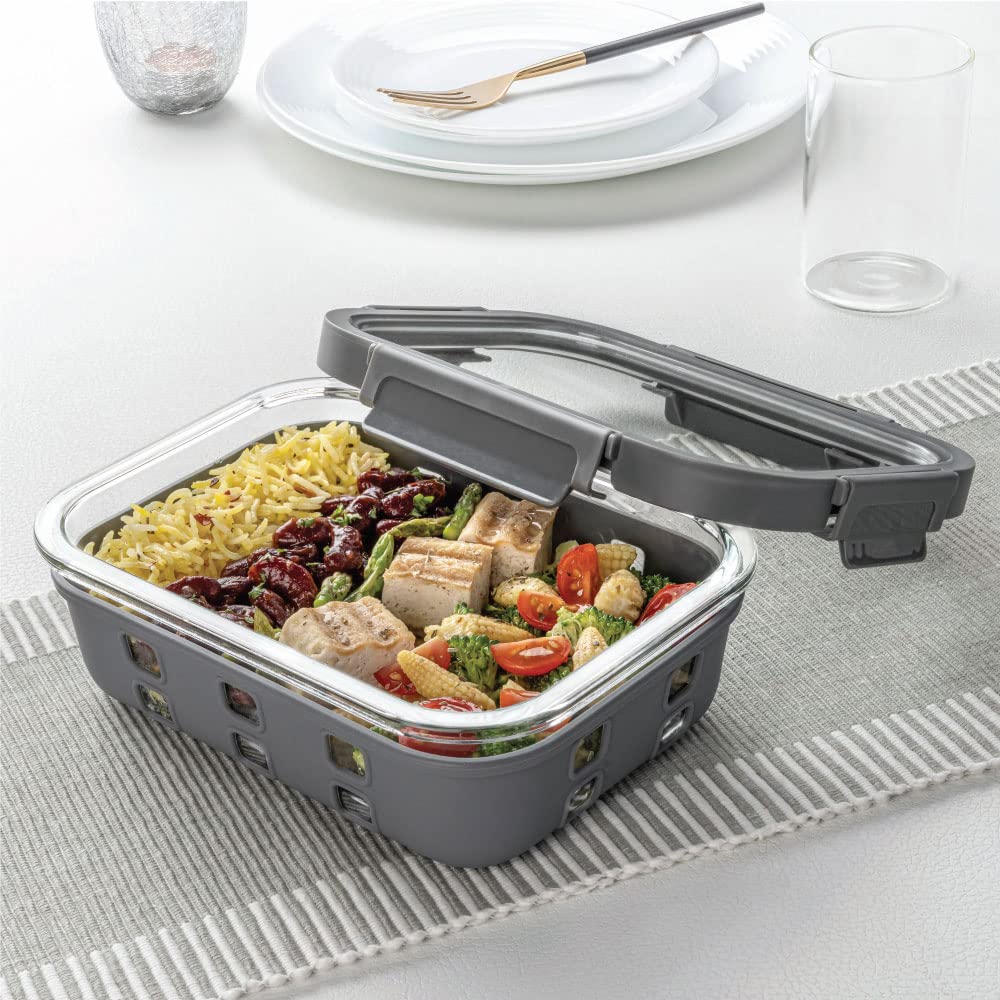Borosil KlipNStore Plus 1040 Ml Glass Food Storage Container For Food Storage, With AirTight Glass Lid & Silicone Sleeve, Rec