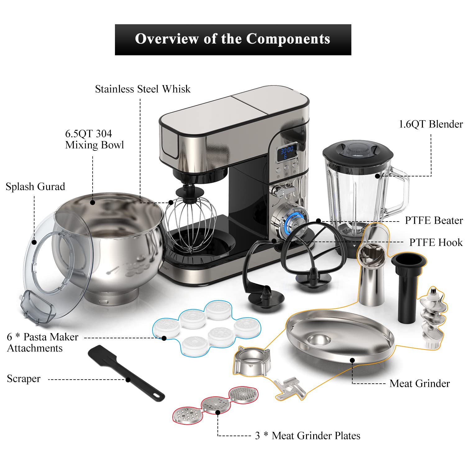 6-In-1 Stand Mixer, Lcd Display Kitchen Electric Mixer, 6.5Qt Stainless Steel Bowl Mixer, Multi-Function Kitchen Mixer With Doug