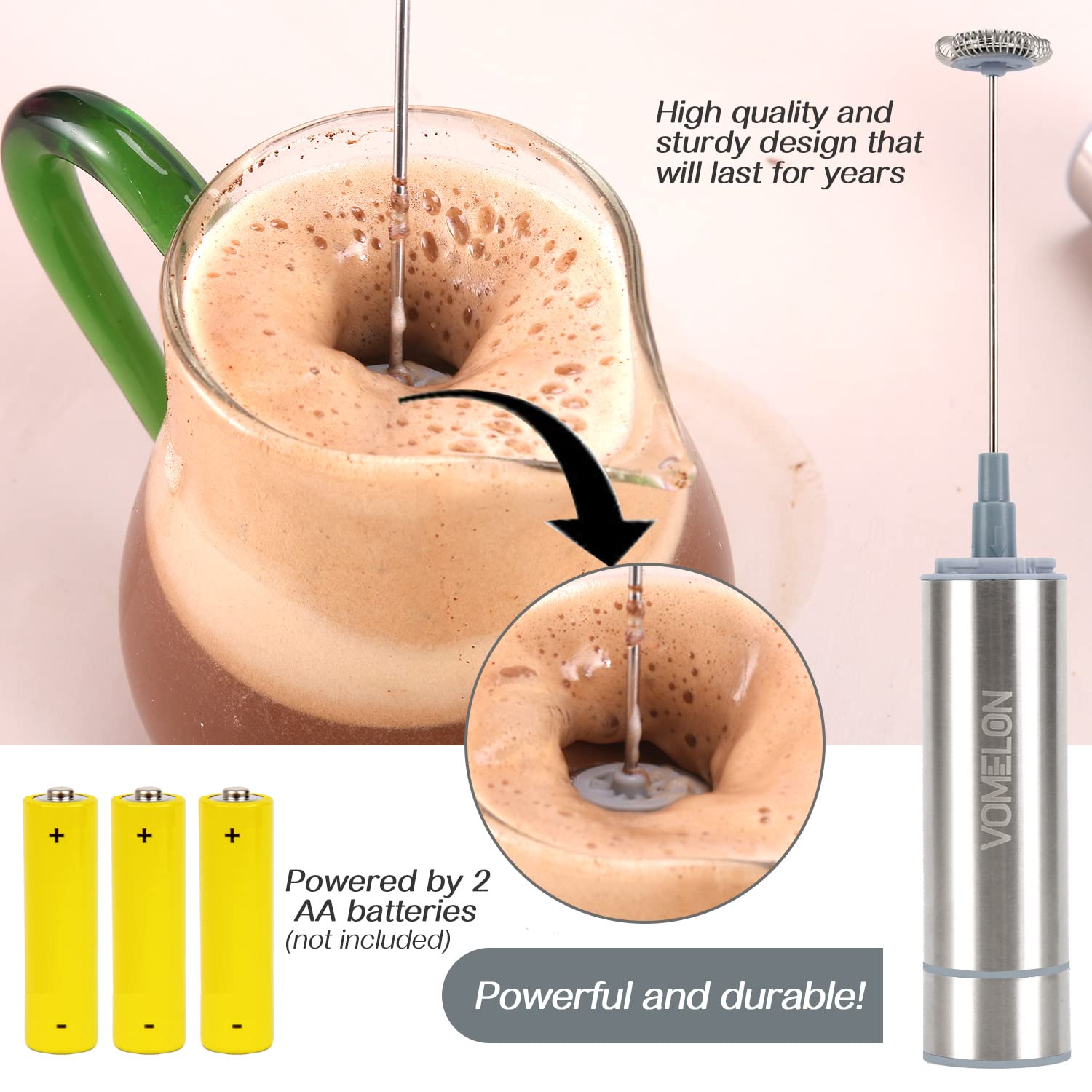 Vomelon Milk Frother, Handheld Battery Operated Frother For Coffee,Portable Drink Mixer With 2 Stainless Steel Whisk Heads, Milk