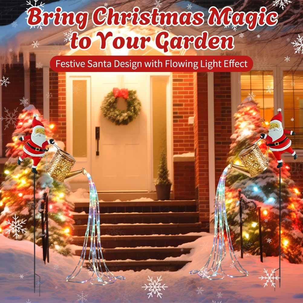 Christmas Santa Solar Kettle Lights Garden Lawn Decorative Outdoor Waterproof Hanging Metal Watering Can for Decor, Patio Yard D