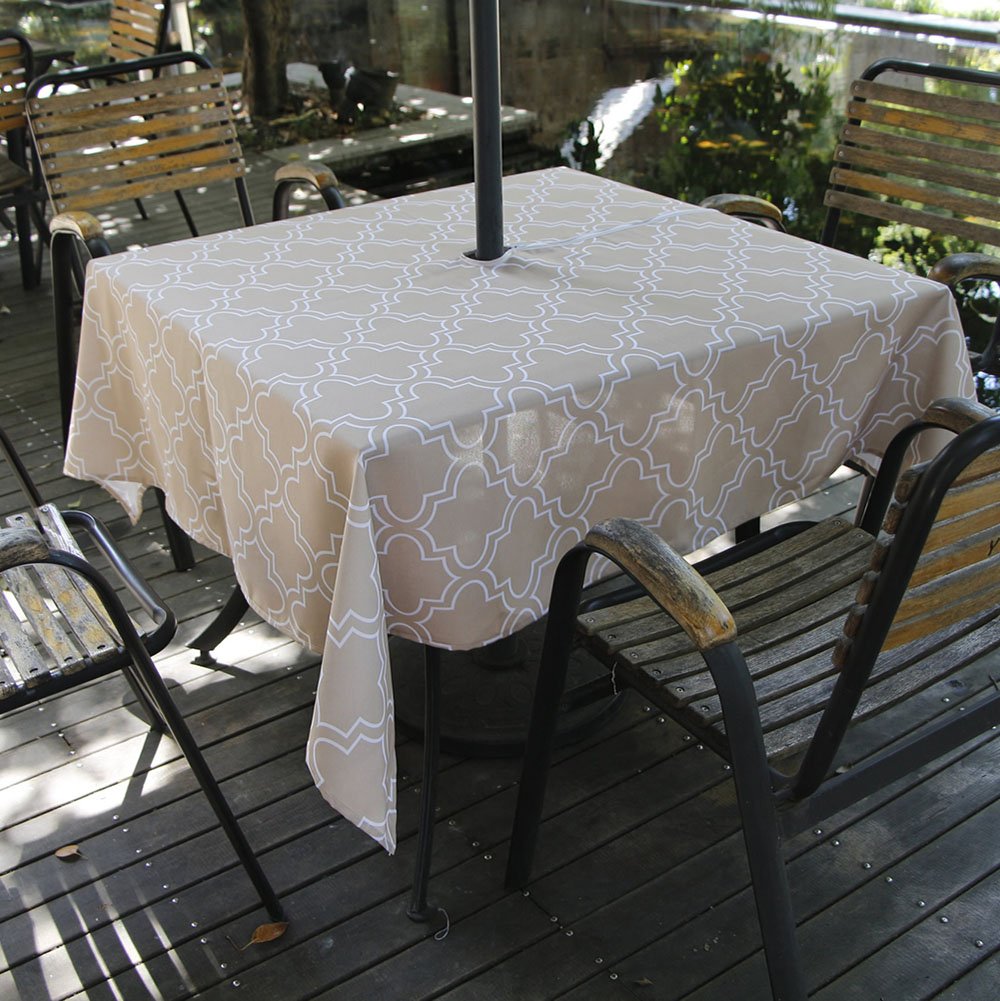 Melaluxe Spring/Summer Wrinkle-Free Waterproof Outdoor Tablecloth with Umbrella Hole and Zipper,60-Inch-by-84 Rectangle, Khaki, 