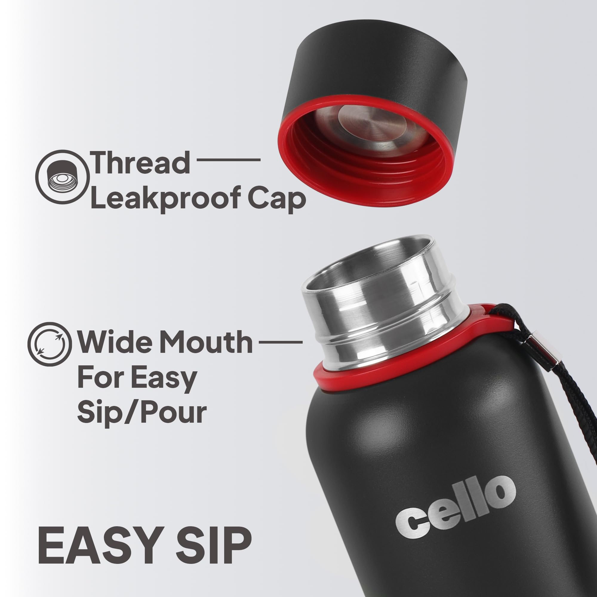 Cello Duro Kent Thermosteel Flask with DTP Coating, 750ml, Black | 24 Hours Hot and Cold Stainless Steel Bottle | Flask for Tea