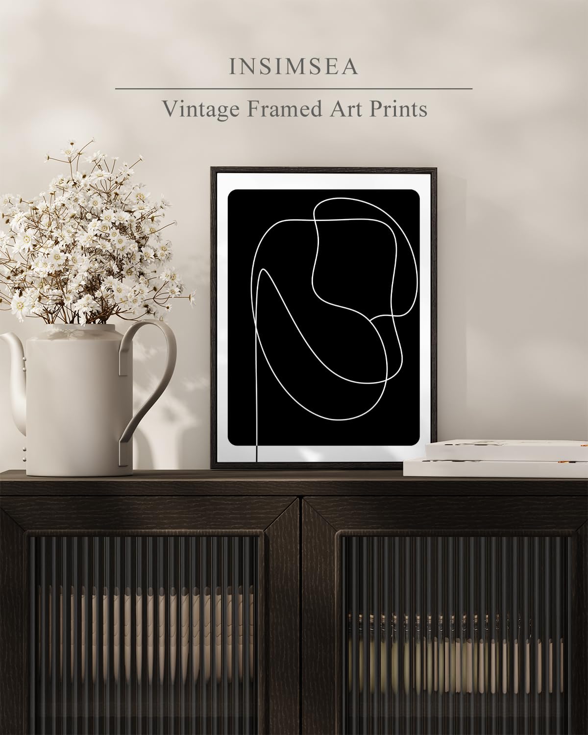 Insimsea Black Framed Canvas Wall Art Decor, Line Art Minimalist Paintings Artworks, Black And White Abstract Pictures Decor, On