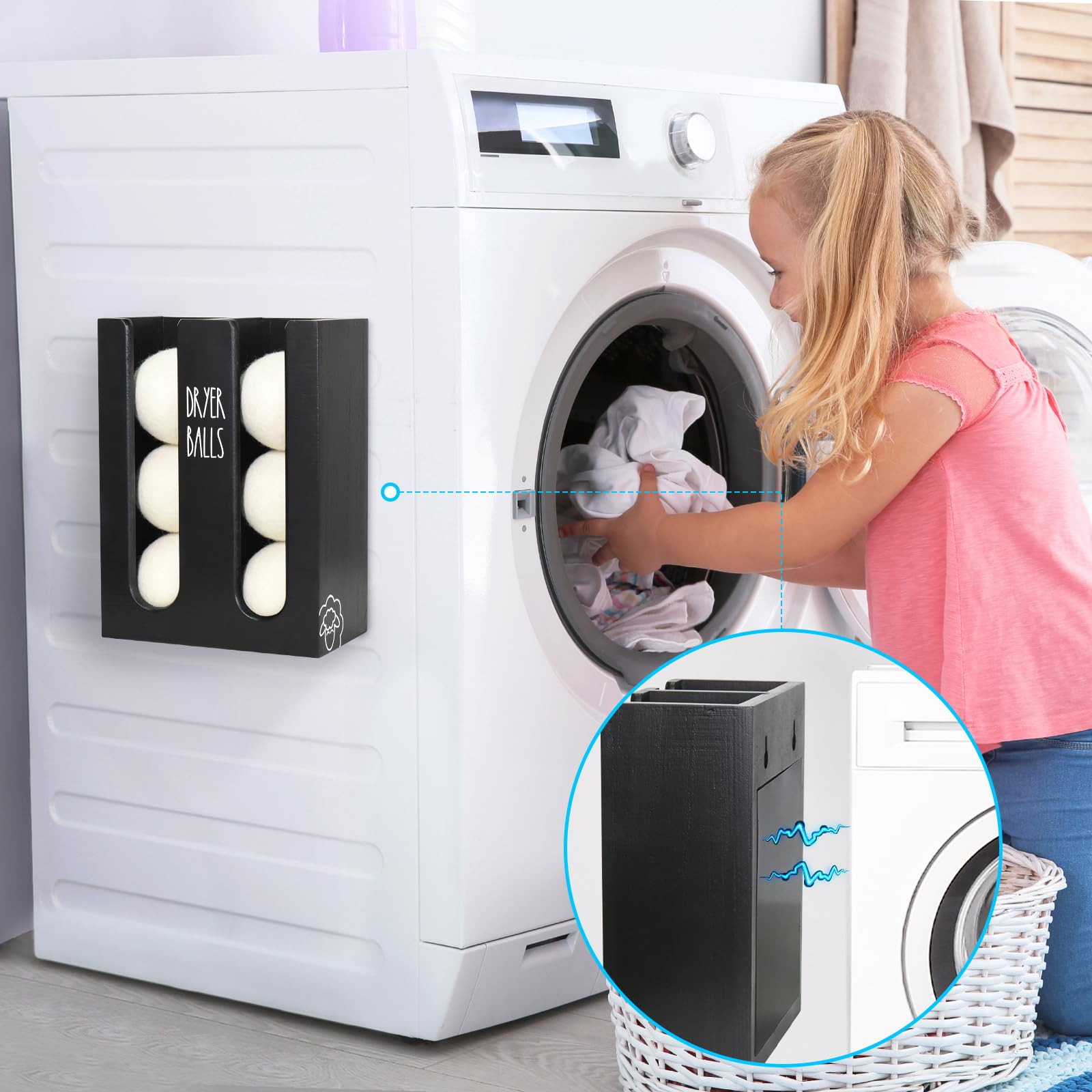 Ukonvi Magnetic Dryer Ball Holder For Laundry Room Organization, Wood Dryer Ball Container Wall Mount, Dryer Balls Organizer For