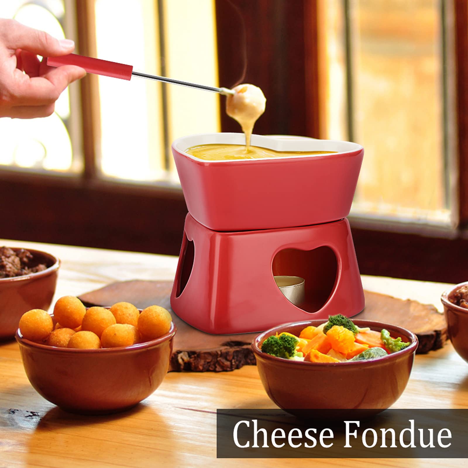 Bstkey Red Ceramic Butter Warmer Set, Heart Shaped Fondue Pot Melting Pot Set, Melt Hot Pot Bowl Set For Cheese Chocolate Butter