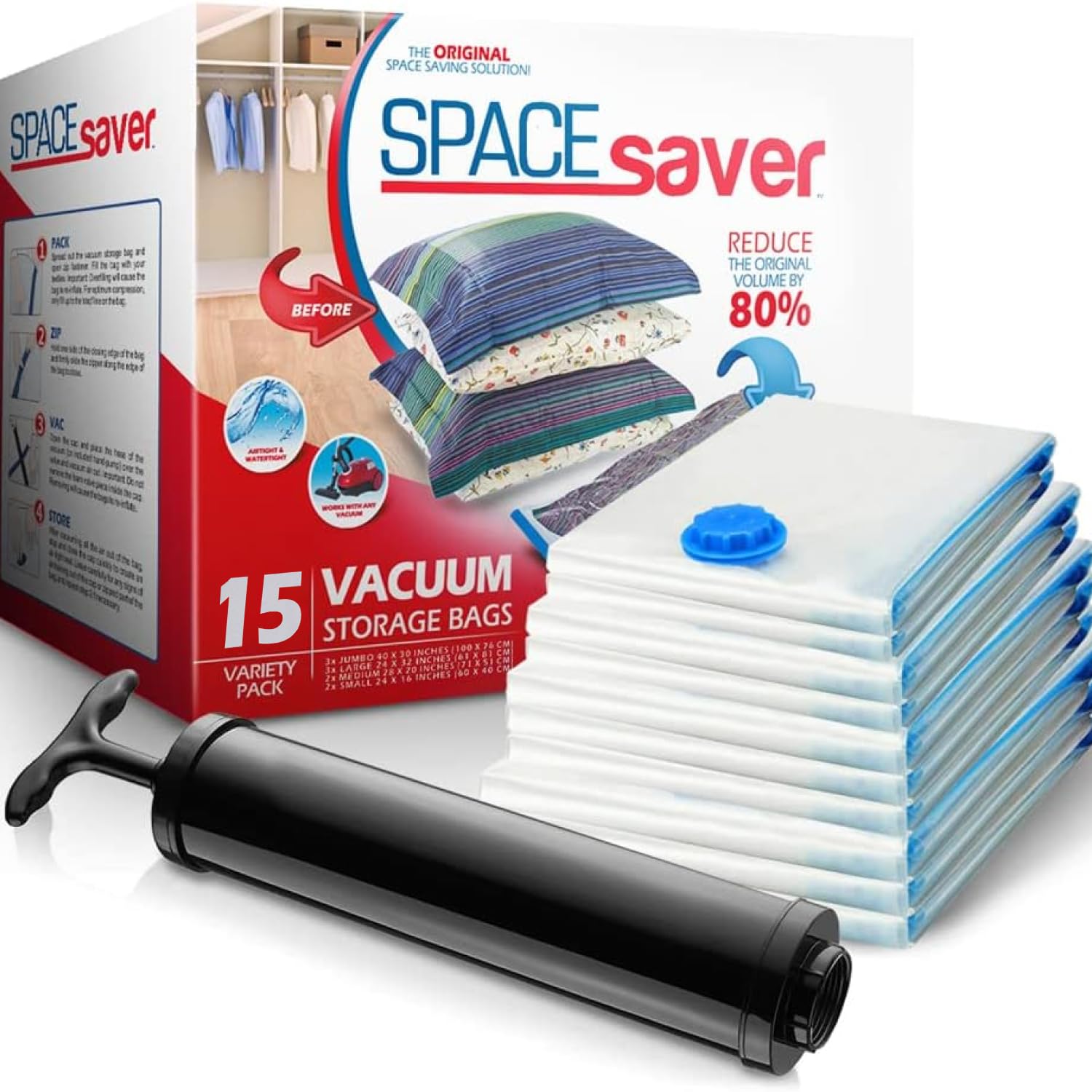 15-Pack Variety Vacuum Storage Bags for Comforters, Blankets & Clothes - Vacuum Sealed Compression Bags with Hand Pump - Space S