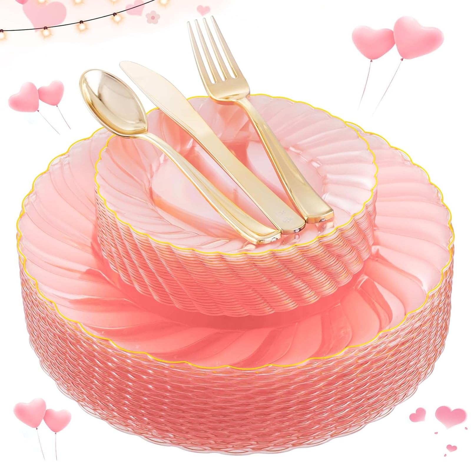 Youbet 125Pieces Clear Pink Plastic Plates With Gold Rim-Gold Plastic Silverware Include 25 Dinner Plates 25 Dessert Plates 75 G