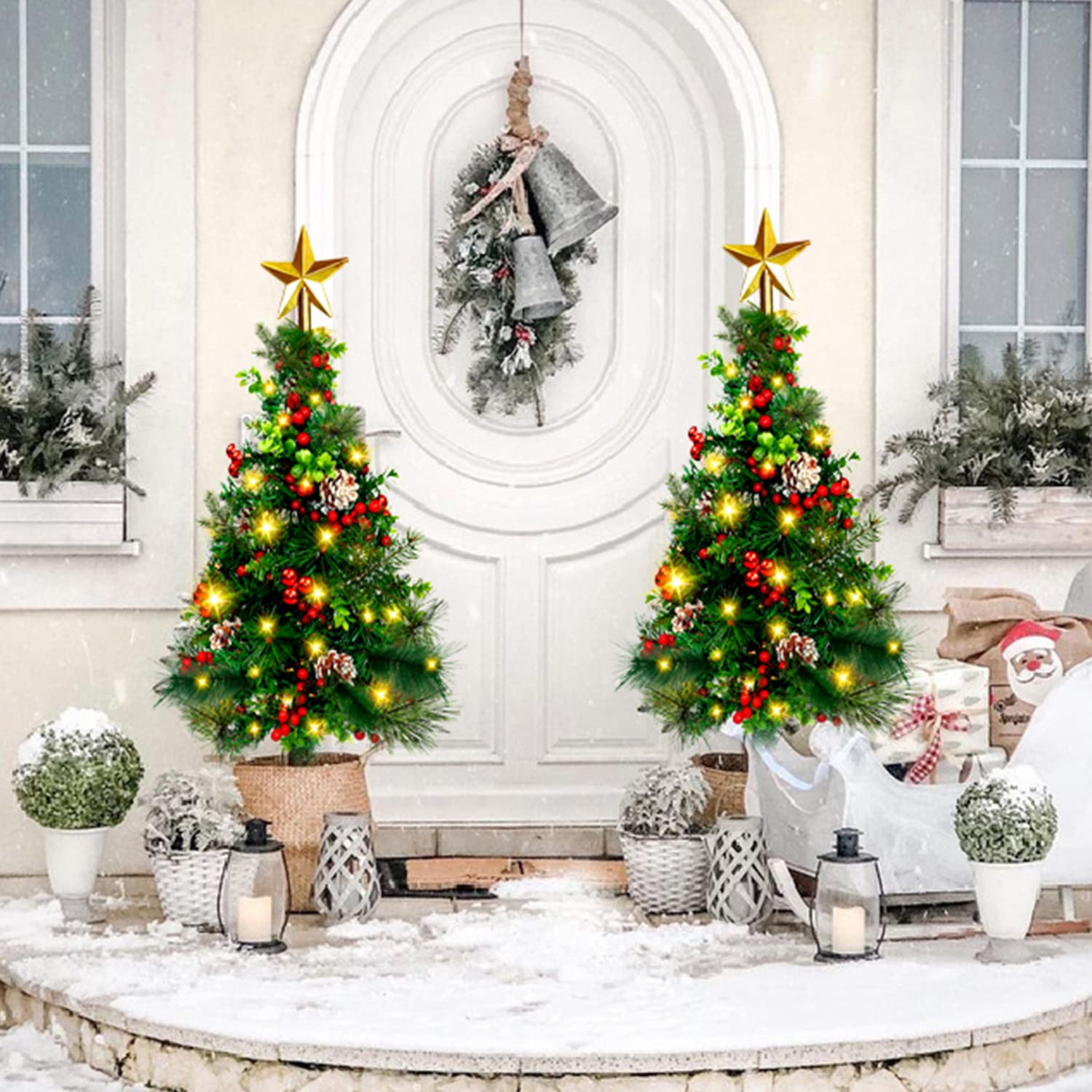 2 Pack 2.7FT Outdoor Christmas Trees,Pre-Lit Christmas Decoration Pathway Artificial Xmas Trees,Battery Operated Urn Filler Entr